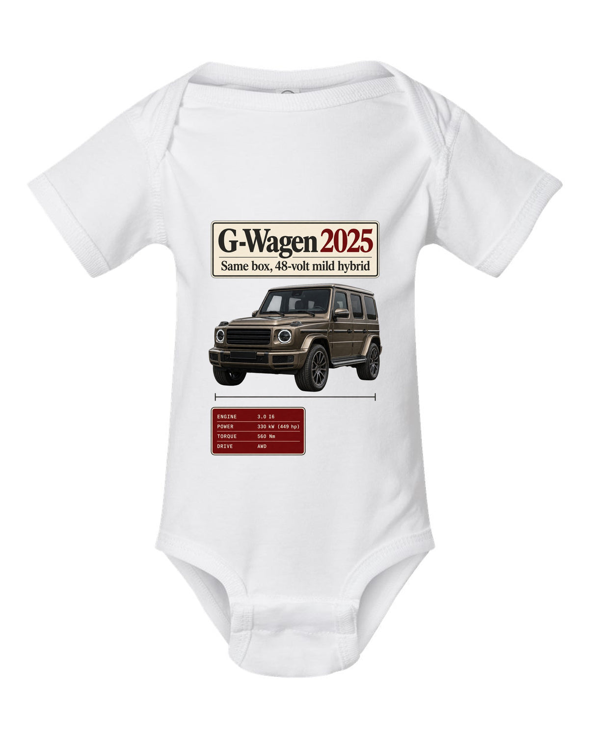 Archive panel print of a 2025 Mercedes-AMG G63 W463A facelift white baby onesie front view with the design