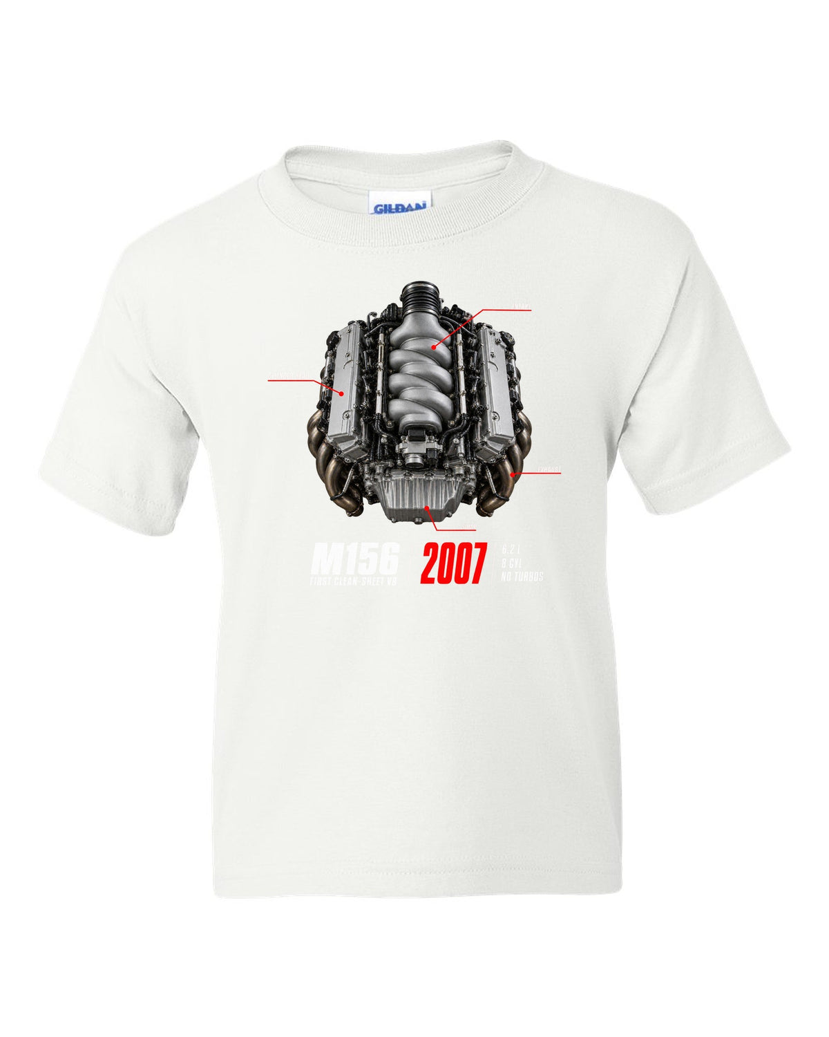 Mercedes C63 AMG W204 M156 V8 engine hero print with first clean-sheet V8 text white kids tee front view with the design