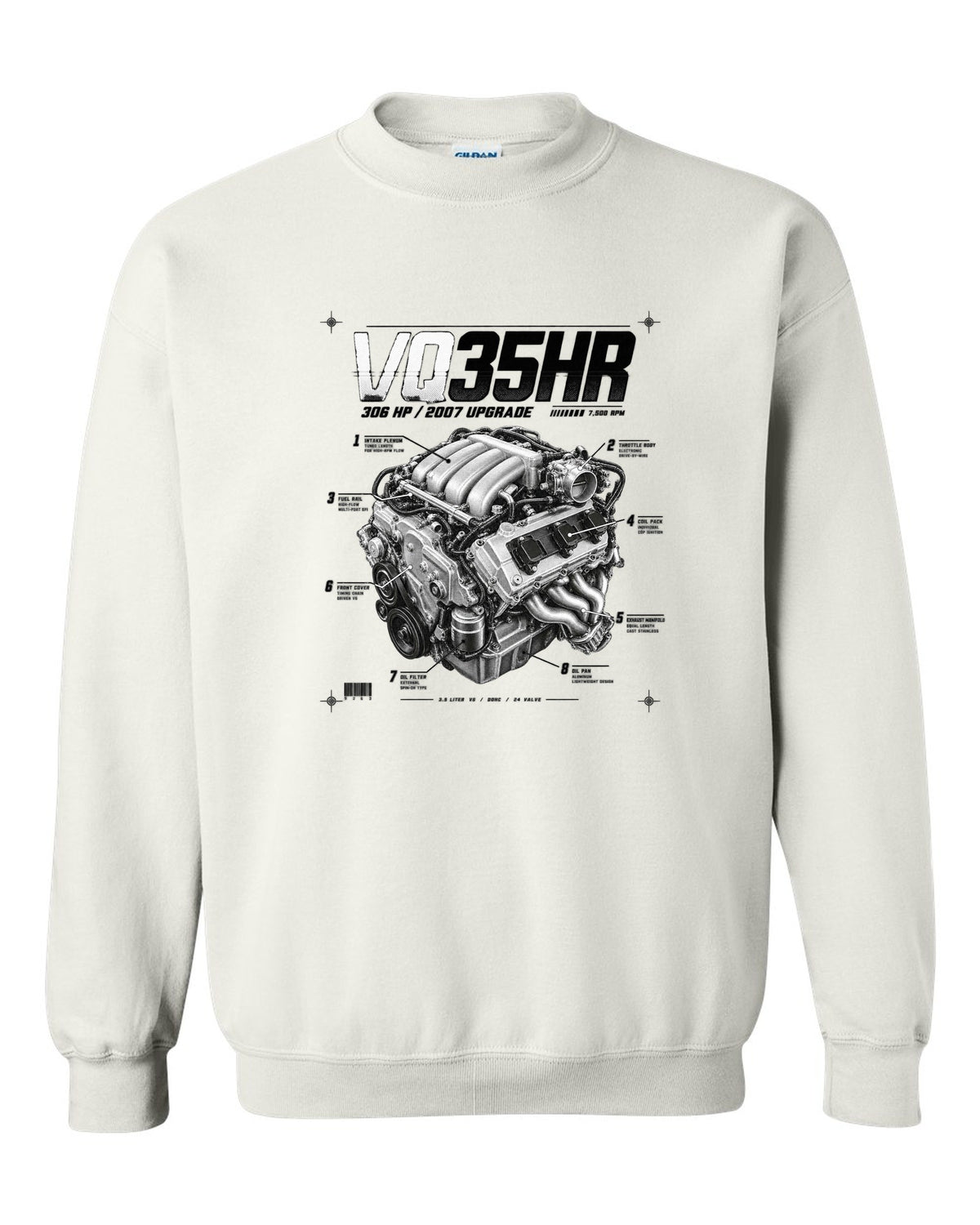 print of a Nissan 350Z Z33 VQ35HR engine plate with 306 HP and 7,500 RPM white crewneck front view with the design