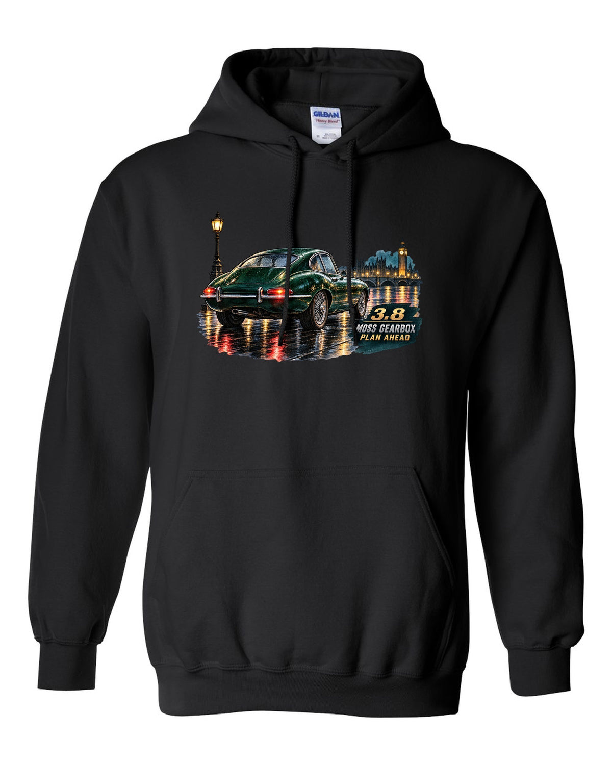 Watercolour print of 1964 Jaguar E-Type Series 1 taillights on a wet night road black pull over hoodie front view with the design