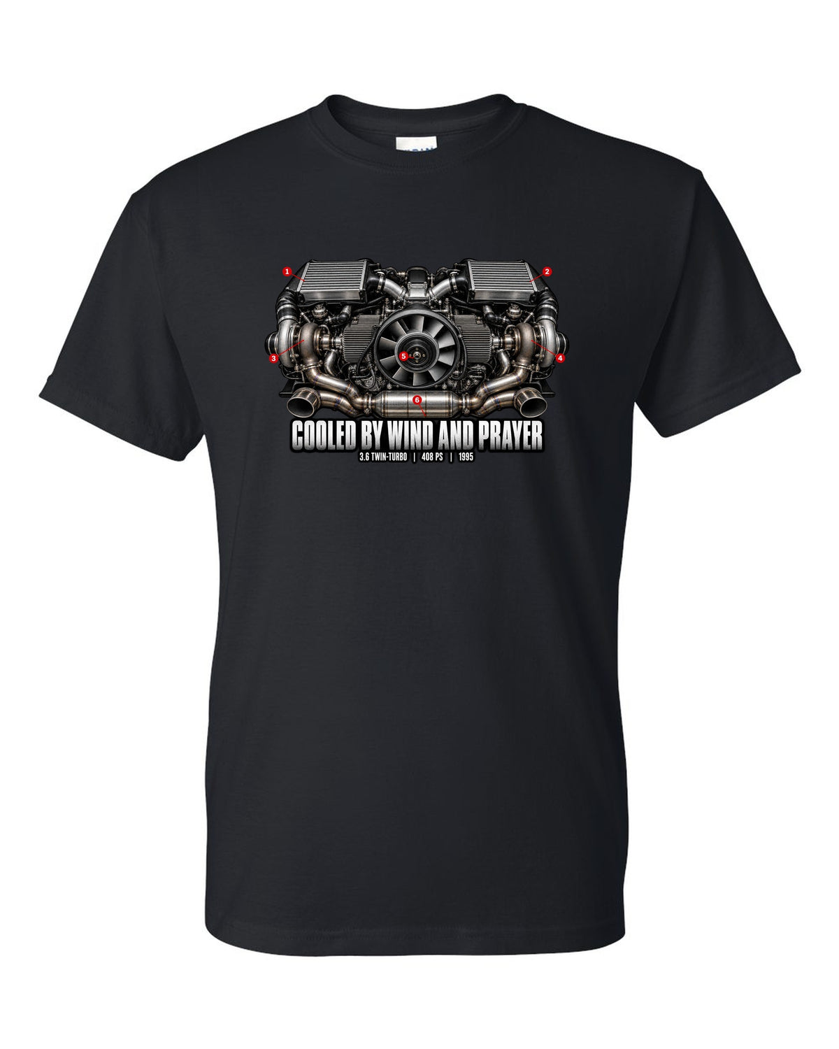 Engine hero print of the Porsche 911 Turbo (993) air-cooled twin-turbo flat-six with the line Cooled By Wind And Prayer black t-shirt front view with the design