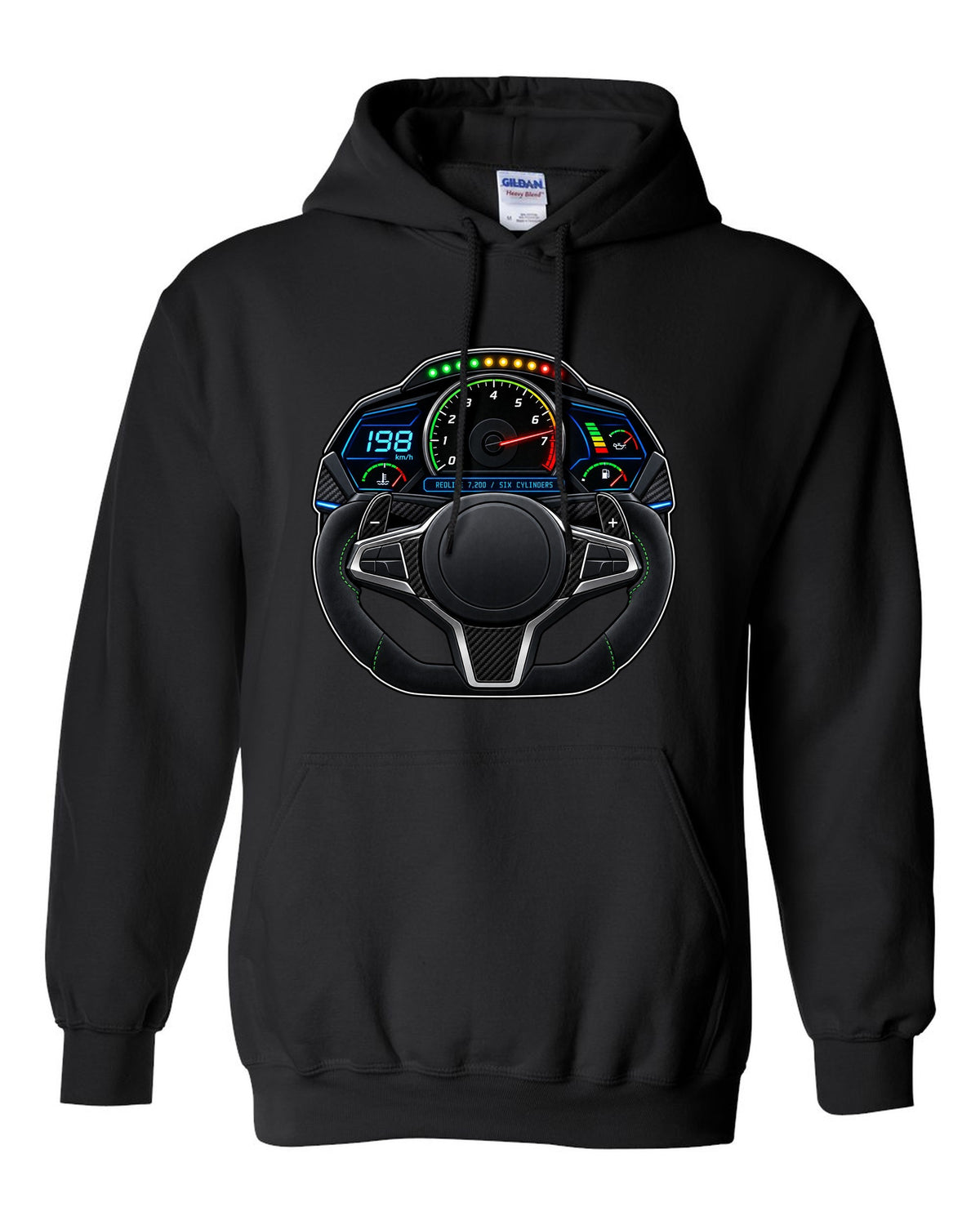 BMW G80 M3 interior gauge cluster HUD print with redline 7,200 text black pull over hoodie front view with the design