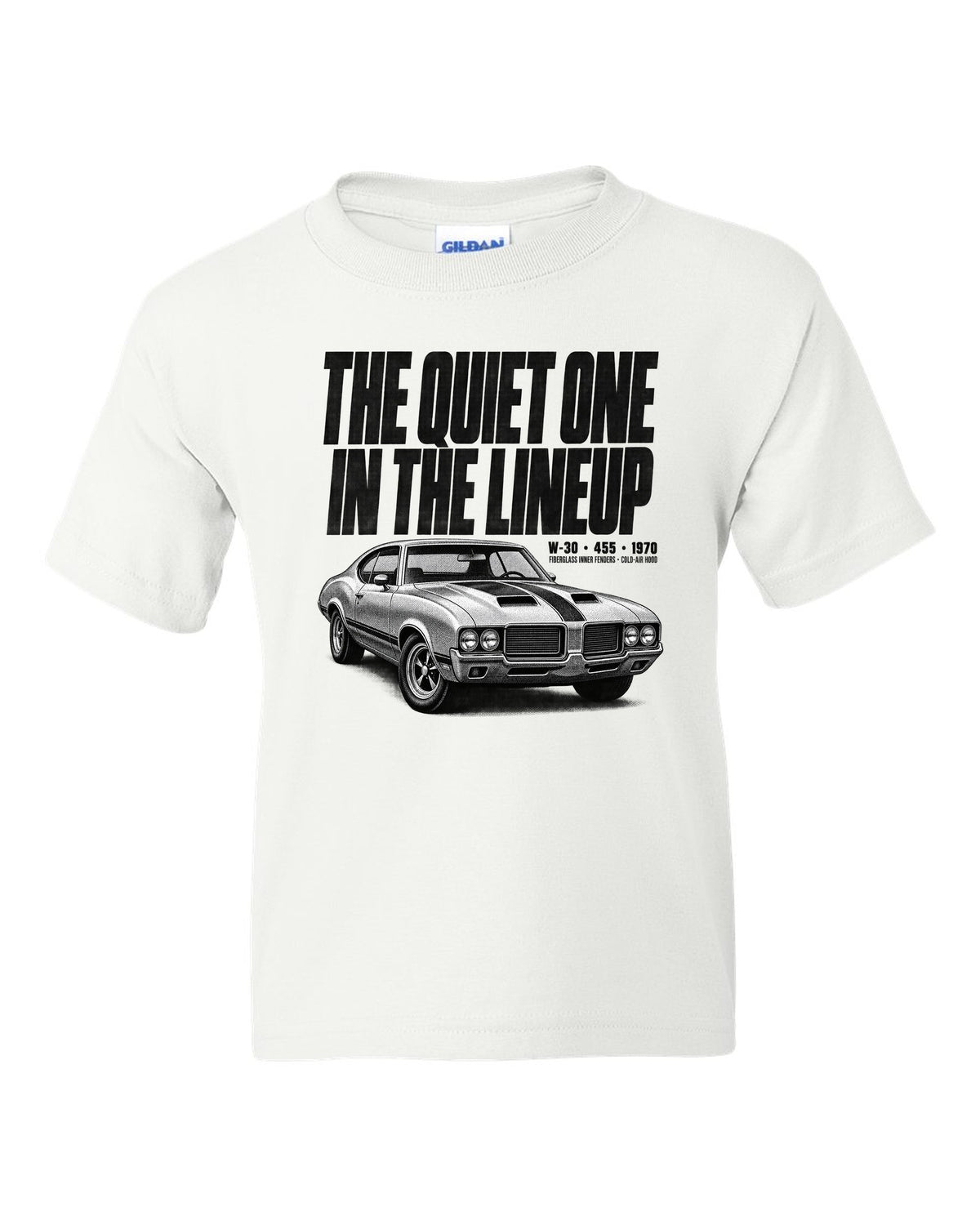 1970 Oldsmobile 442 W-30 halftone print with 455 and cold-air hood text white kids tee front view with the design