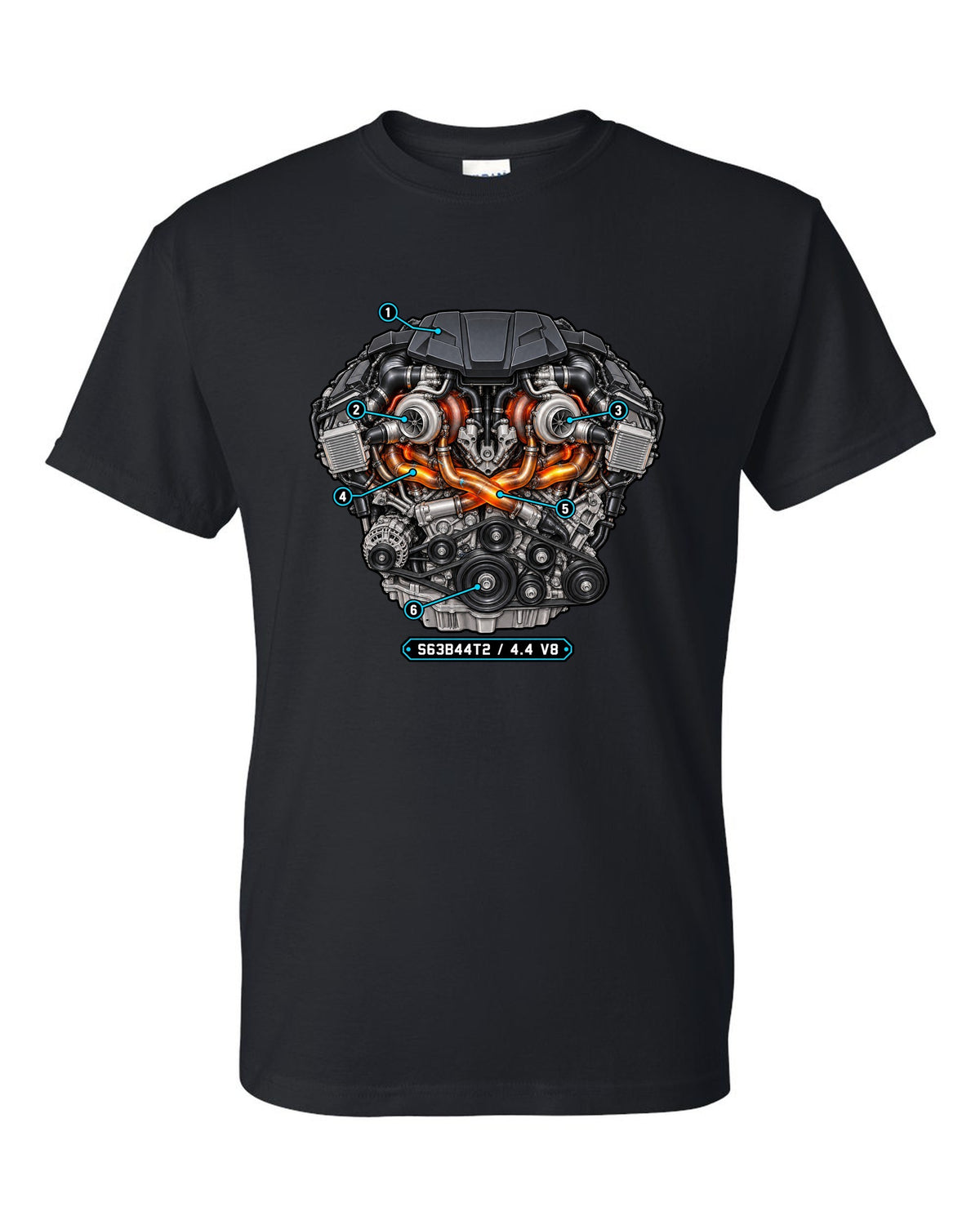 Exploded cutaway engine print of the BMW S63 4.4 V8 from the X5 M F85 black t-shirt front view with the design