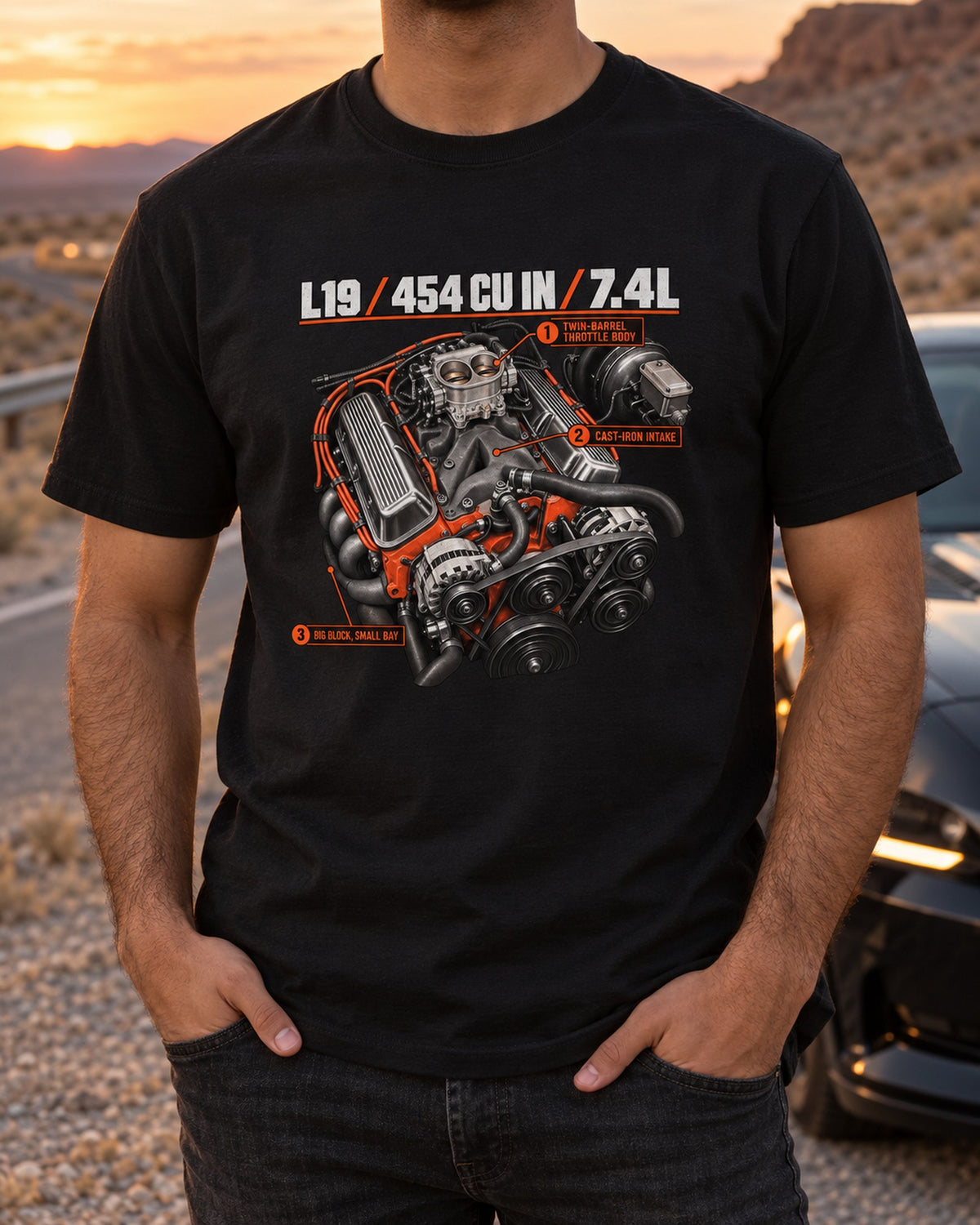 Chevy 454 SS L19 Engine Callout Tee, 7.4L Big-Block T-Shirt Black worn hero