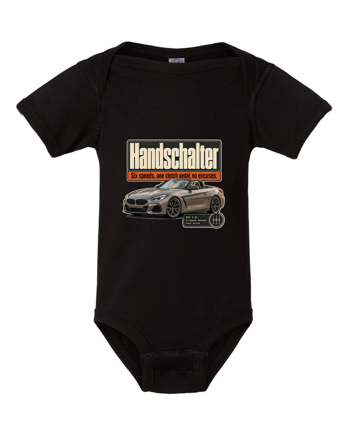 Editorial print for the BMW Z4 M40i six-speed manual labelled Handschalter black baby onesie front view with the design