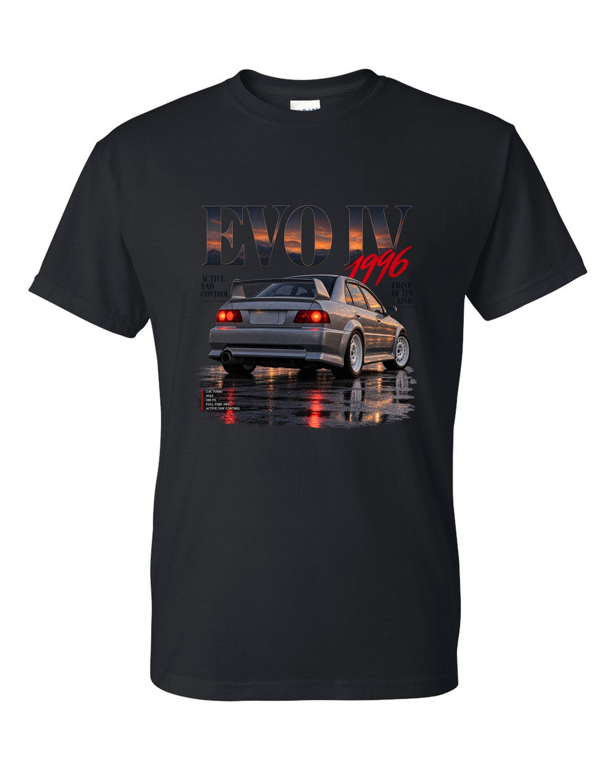 Editorial headline print for the Mitsubishi Lancer Evolution IV CN9A reading Active Yaw Control, first of its kind, 1996 black t-shirt front view with the design