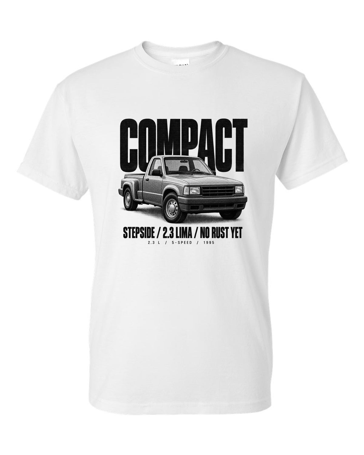 Ford Ranger 1995 stepside halftone print with compact, 2.3 Lima, no rust yet text white t-shirt front view with the design
