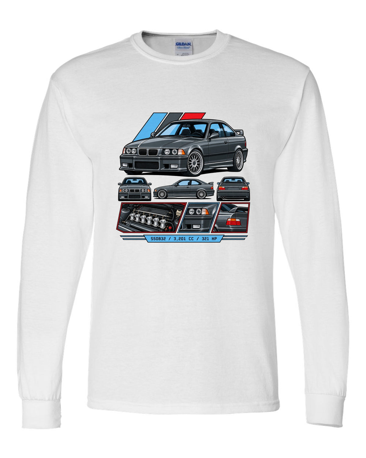 Cel-shaded anime night touge print of a BMW E36 M3 with slide now fix the diff later text white long sleeve front view with the design