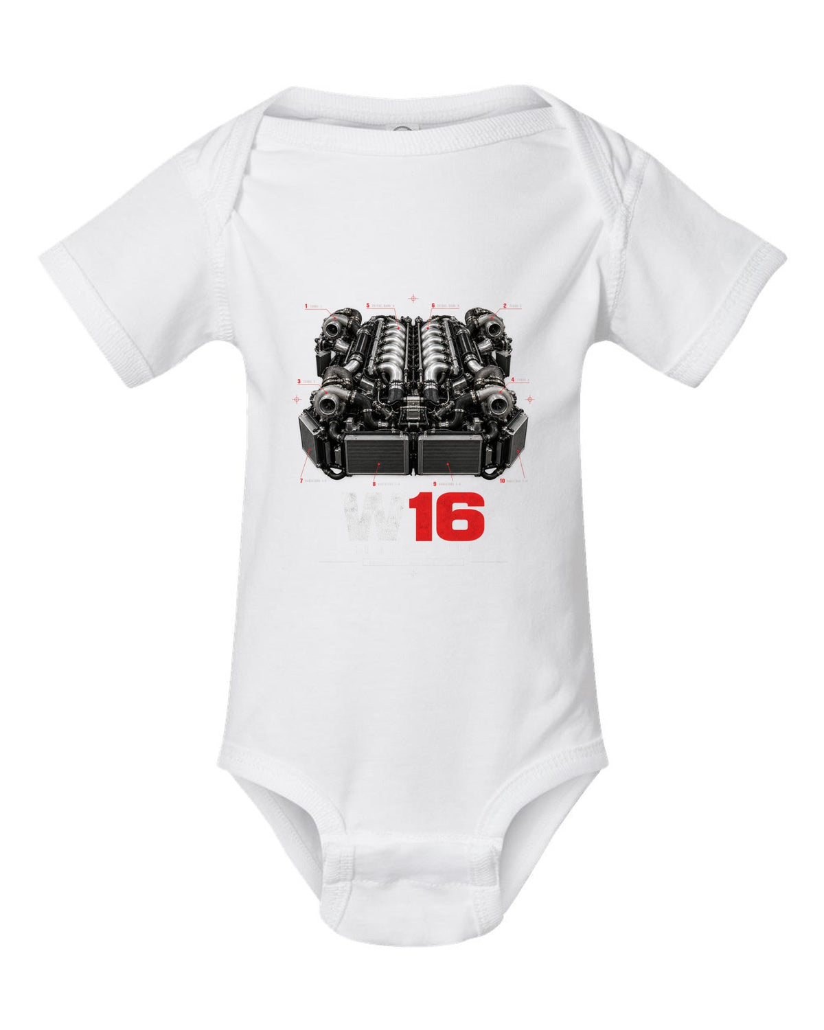 Bugatti Veyron 16.4 W16 engine poster with ten radiators white baby onesie front view with the design