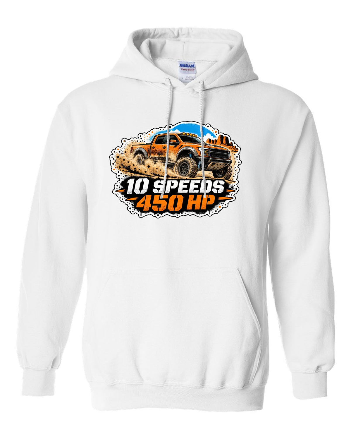 Spray stencil street art print of a 2017-20 Ford F-150 Raptor Gen 2 P552 in desert dust white pull over hoodie front view with the design