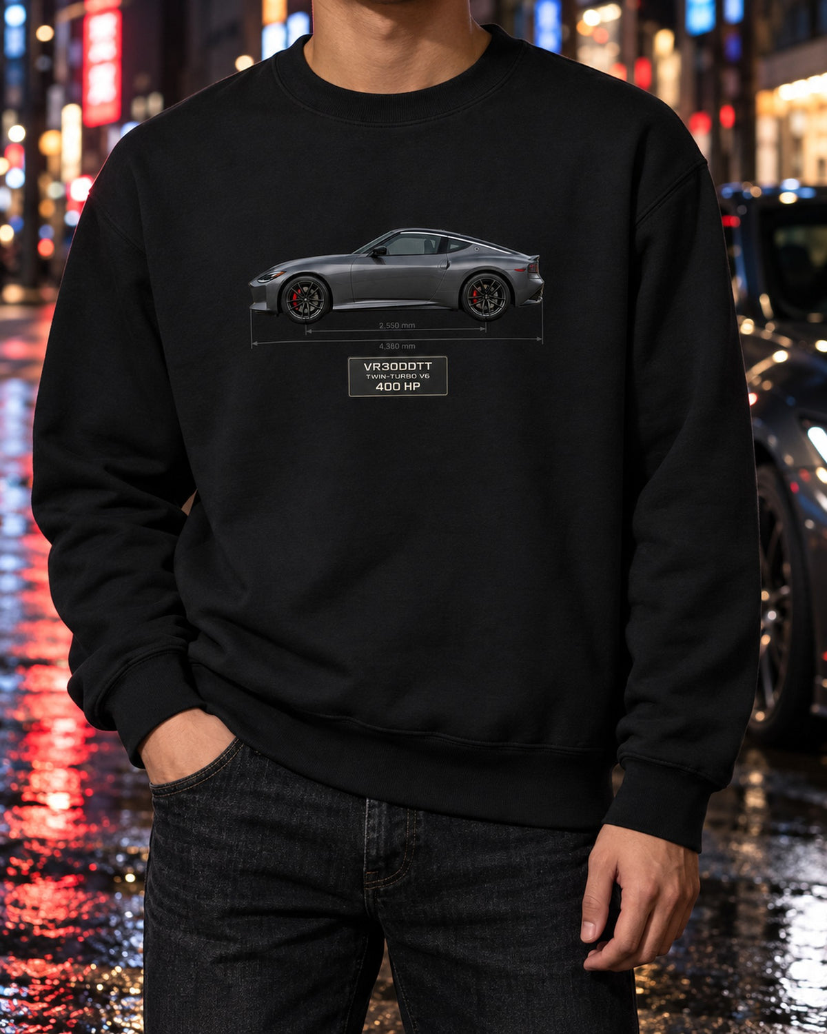 2024 Nissan Z NISMO Spec Panel Shirt, Dossier Print Crewneck Black worn hero