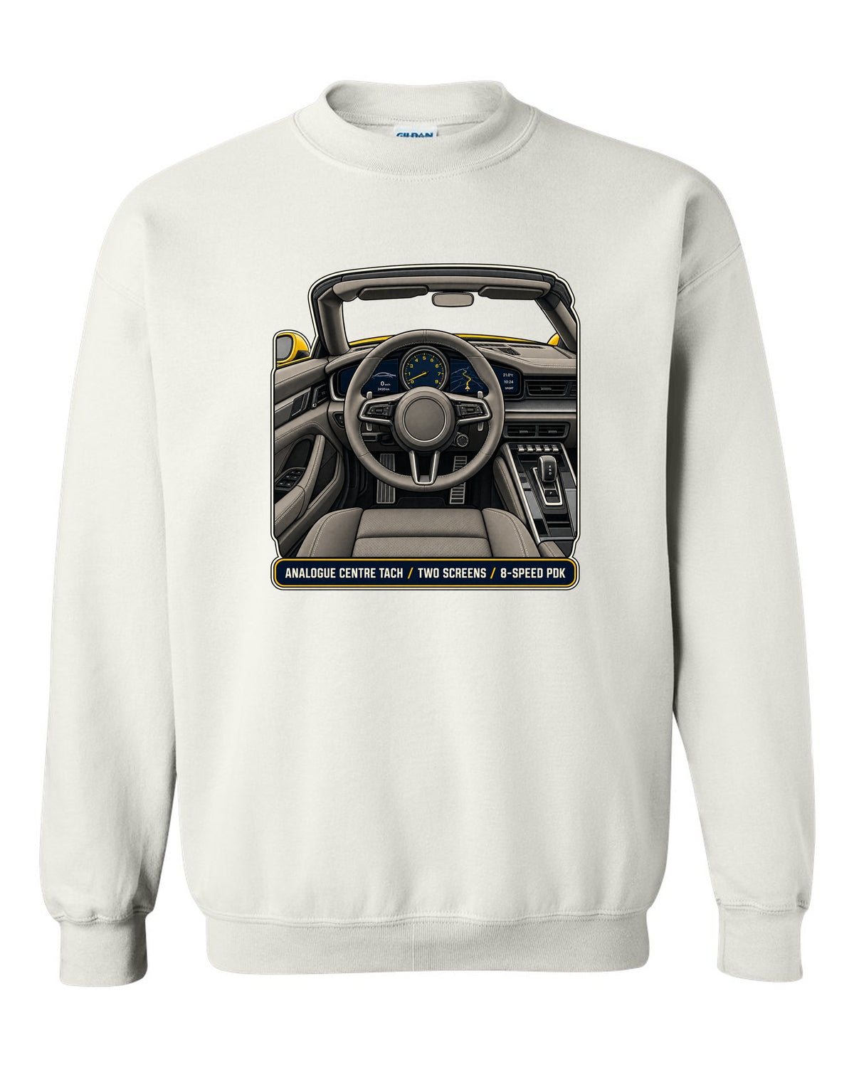 Cockpit and gauge print of a Porsche 992 Carrera S Cabriolet white crewneck front view with the design