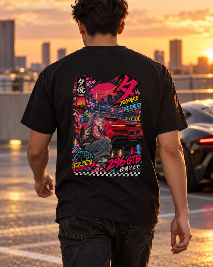 YUYAKE 296 GTB Anime Girl Full-Back Graphic Tee T-Shirt Black worn hero