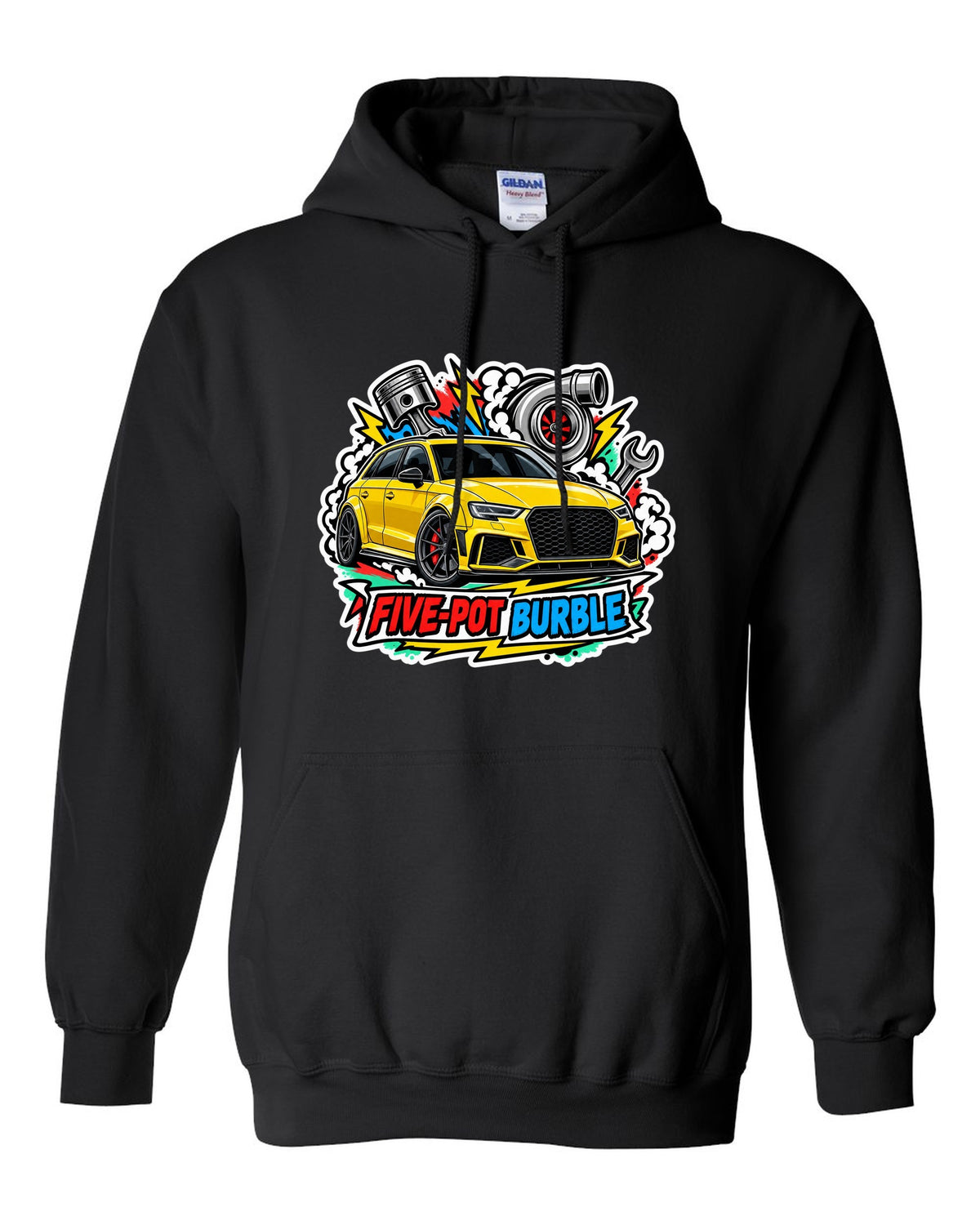 Sticker bomb collage print of an Audi RS3 8V with five-pot burble text black pull over hoodie front view with the design