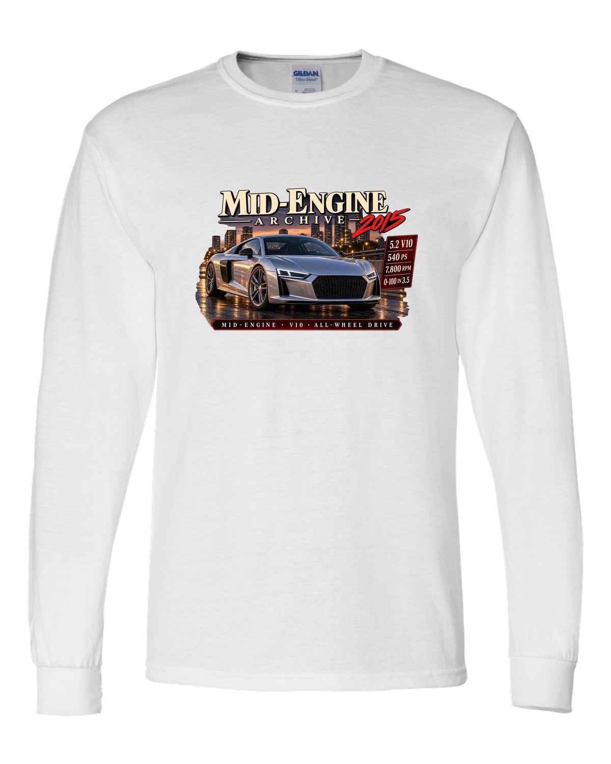Audi R8 Type 4S V10 front three-quarter in archive panel with 540 PS text white long sleeve front view with the design