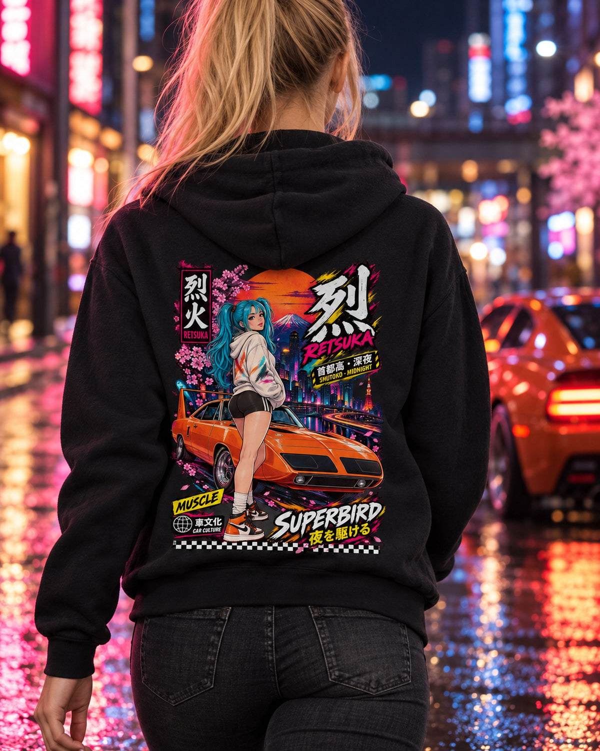 RETSUKA SUPERBIRD Anime Girl Full-Back Graphic Tee Zip Hoodie Black worn hero
