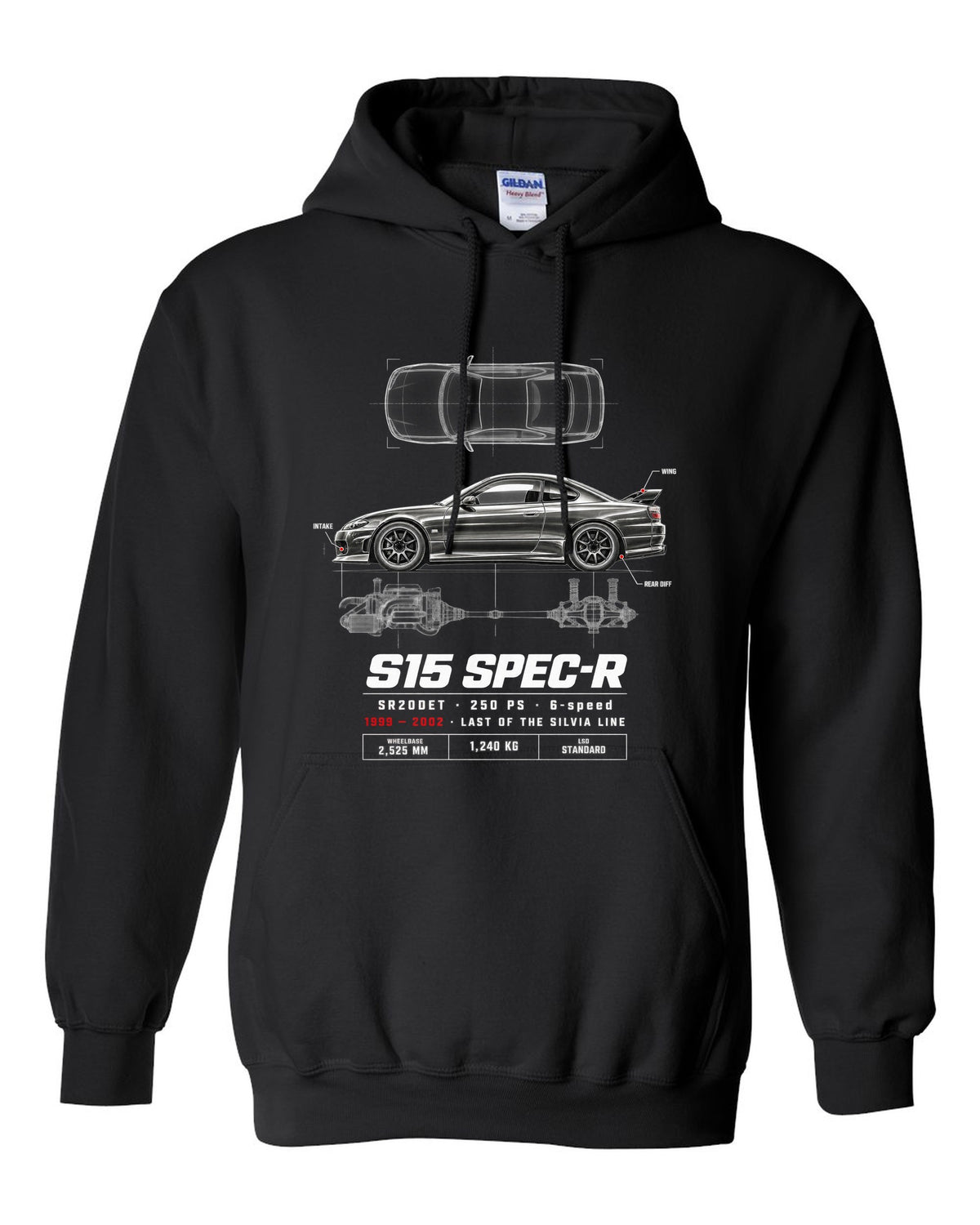 Spec poster print of a Nissan Silvia S15 Spec-R top-down profile with SR20DET data black pull over hoodie front view with the design