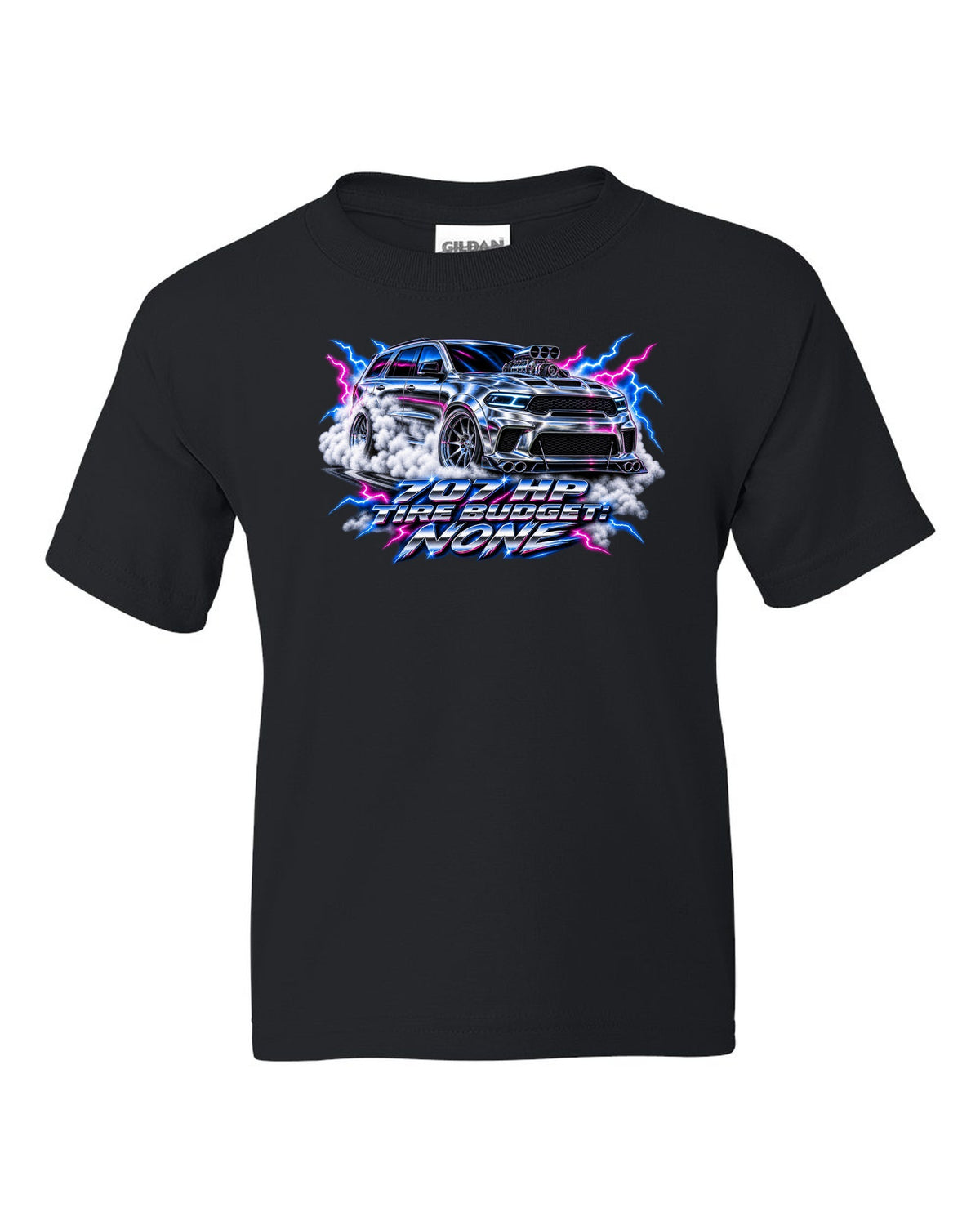 80s airbrush chrome print of a Jeep Grand Cherokee WK2 Trackhawk with 707 HP text black kids tee front view with the design