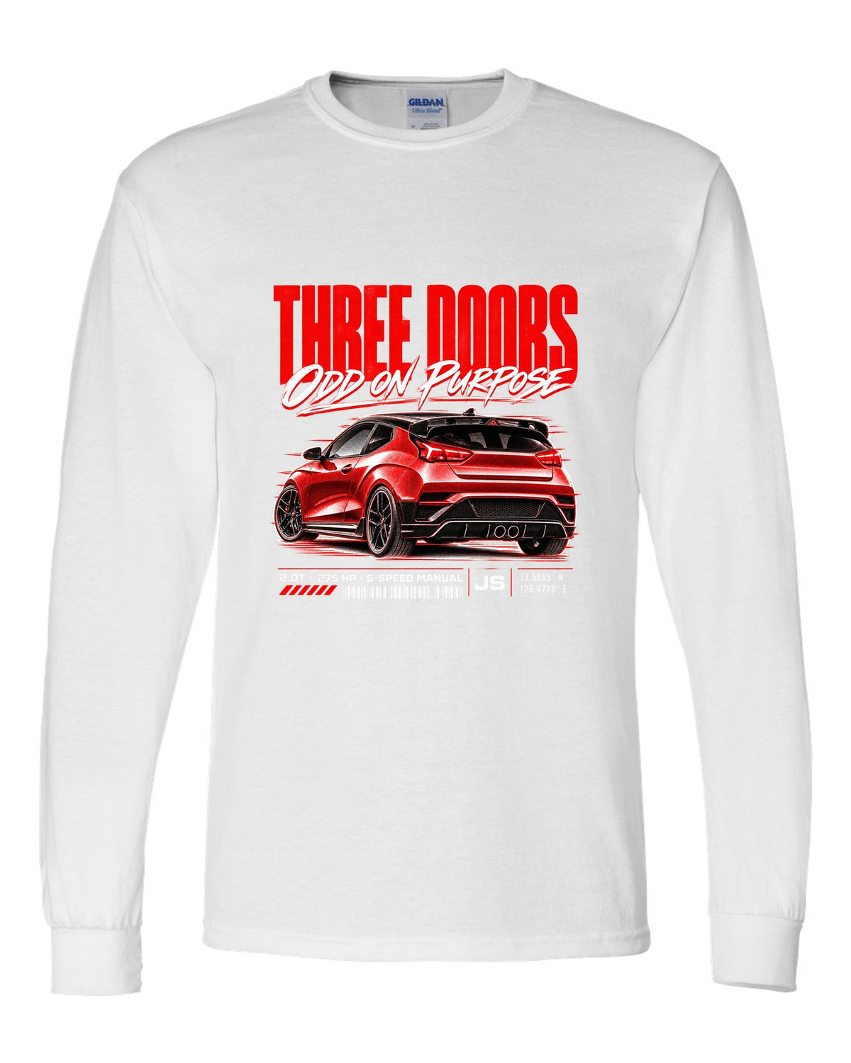 Hyundai Veloster N JS street poster with three doors odd on purpose text white long sleeve front view with the design