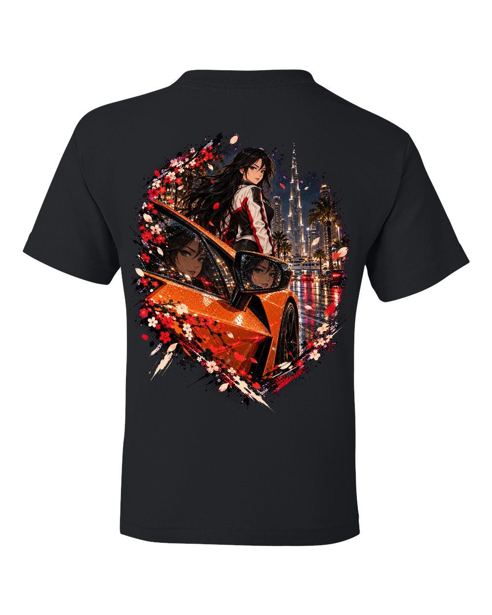 Lamborghini Revuelto Anime Girl Kids Tee Black back