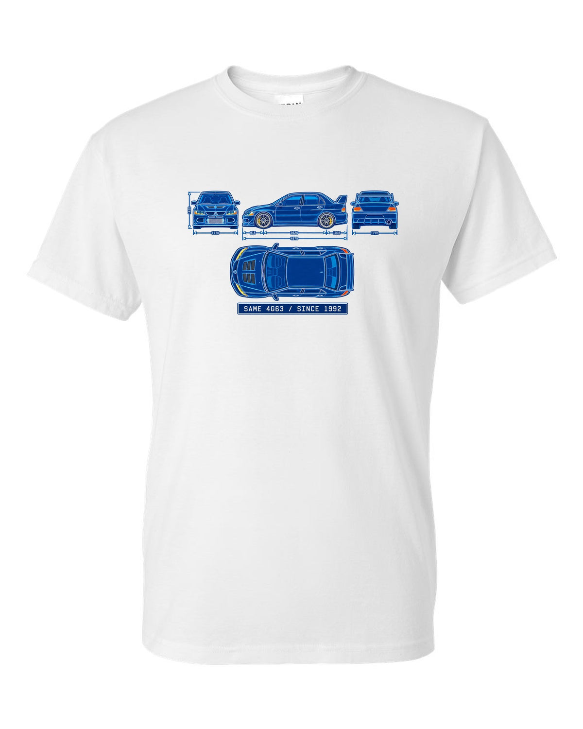 Embroidered patch style print of a boost gauge for the Mitsubishi Evo IX CT9A with boost gauge doesn't lie text white t-shirt front view with the design