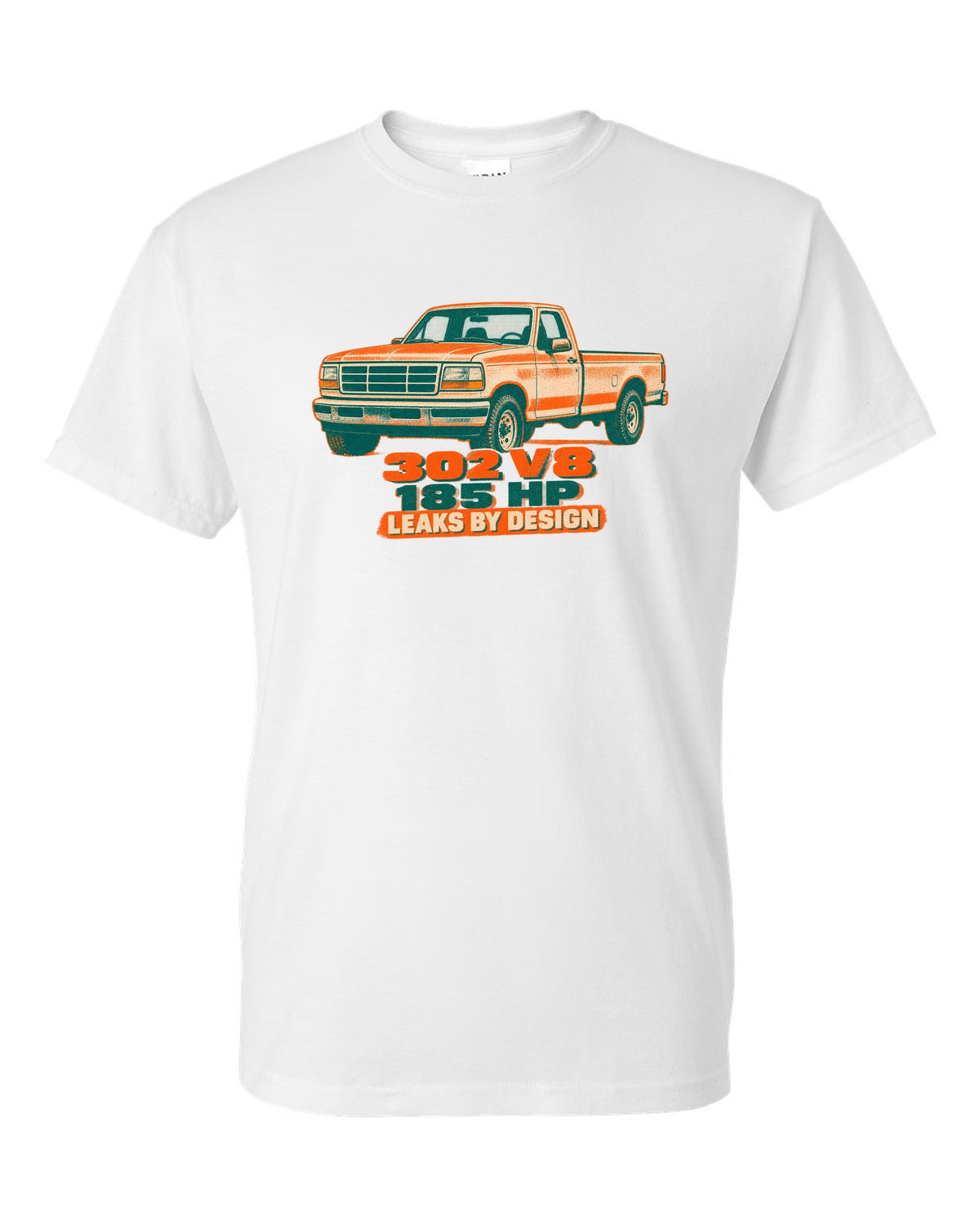 Risograph-style art of a 1992-97 Ford F-150 OBS tailgate in mud with 302 V8 185 HP lettering white t-shirt front view with the design