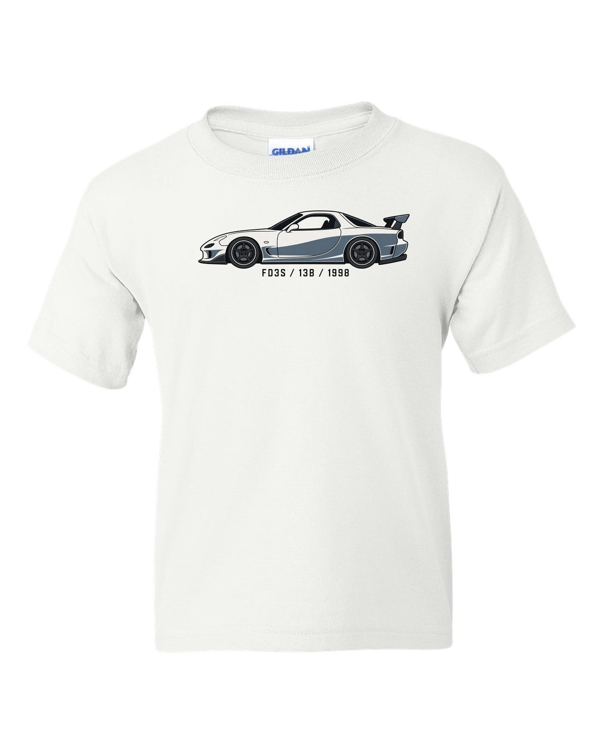 Embroidery-style varsity crest for the Mazda FD3S RX-7 reading TWIN TURBO SEQUENTIAL 1991 white kids tee front view with the design