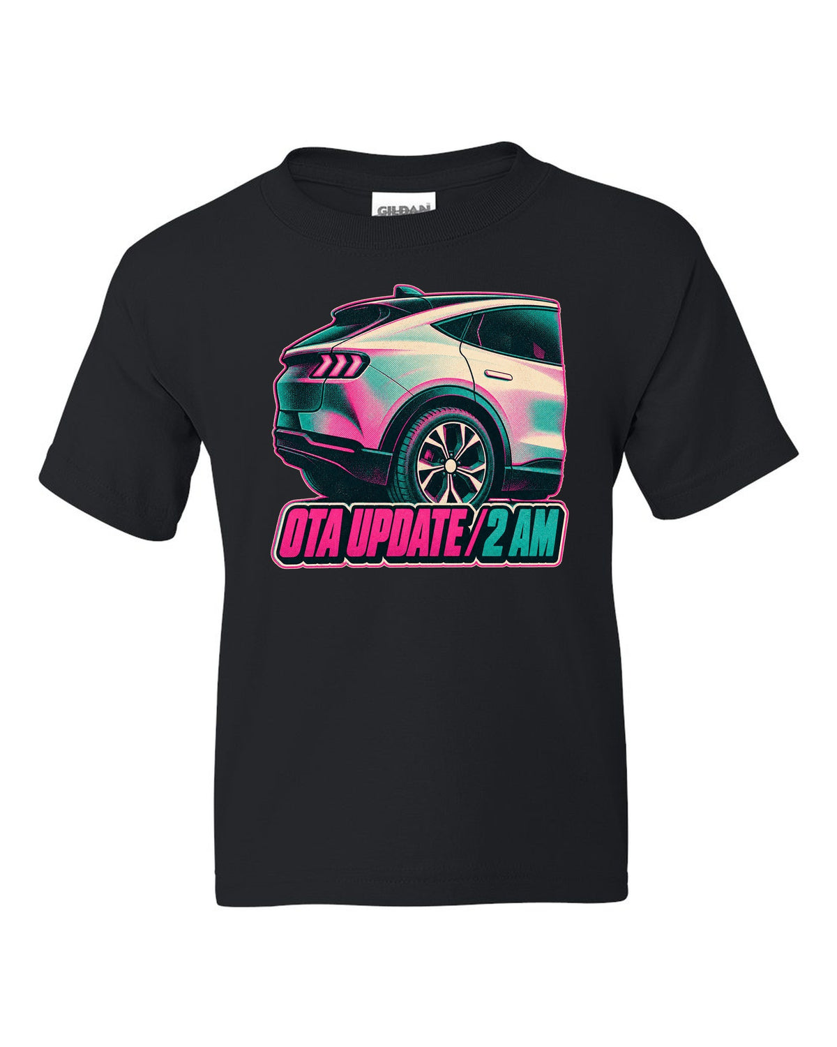 Risograph halftone wheel print of a 2020 Mustang Mach-E CX727 reading OTA Update 2 AM black kids tee front view with the design