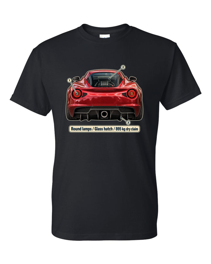 Taillight macro print of the Alfa Romeo 4C showing round lamps and glass ch black t-shirt front view with the design