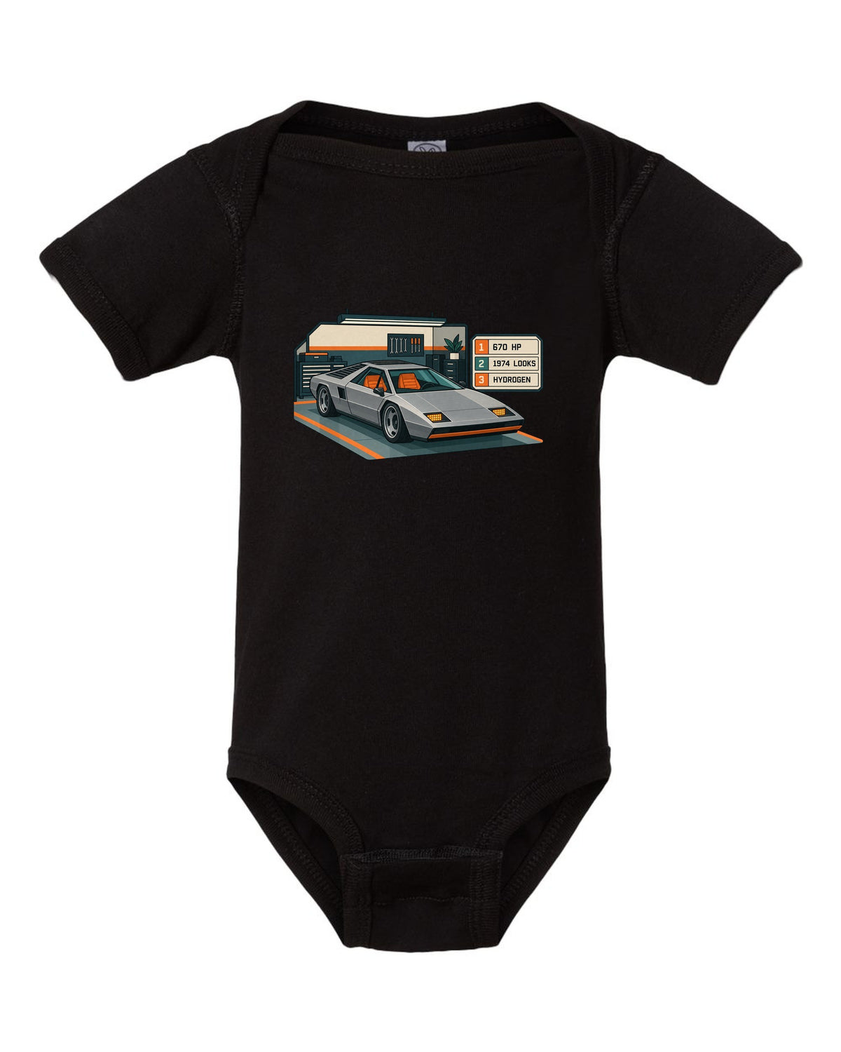 Hyundai N Vision 74 concept spec-sheet data plate print with 670 HP and hydrogen text black baby onesie front view with the design