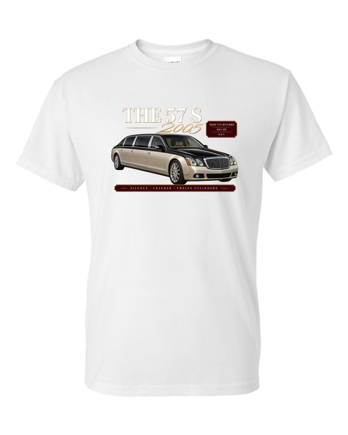 print archive panel of a Maybach 57 S W240 with text silence, leather, twelve cylinders white t-shirt front view with the design