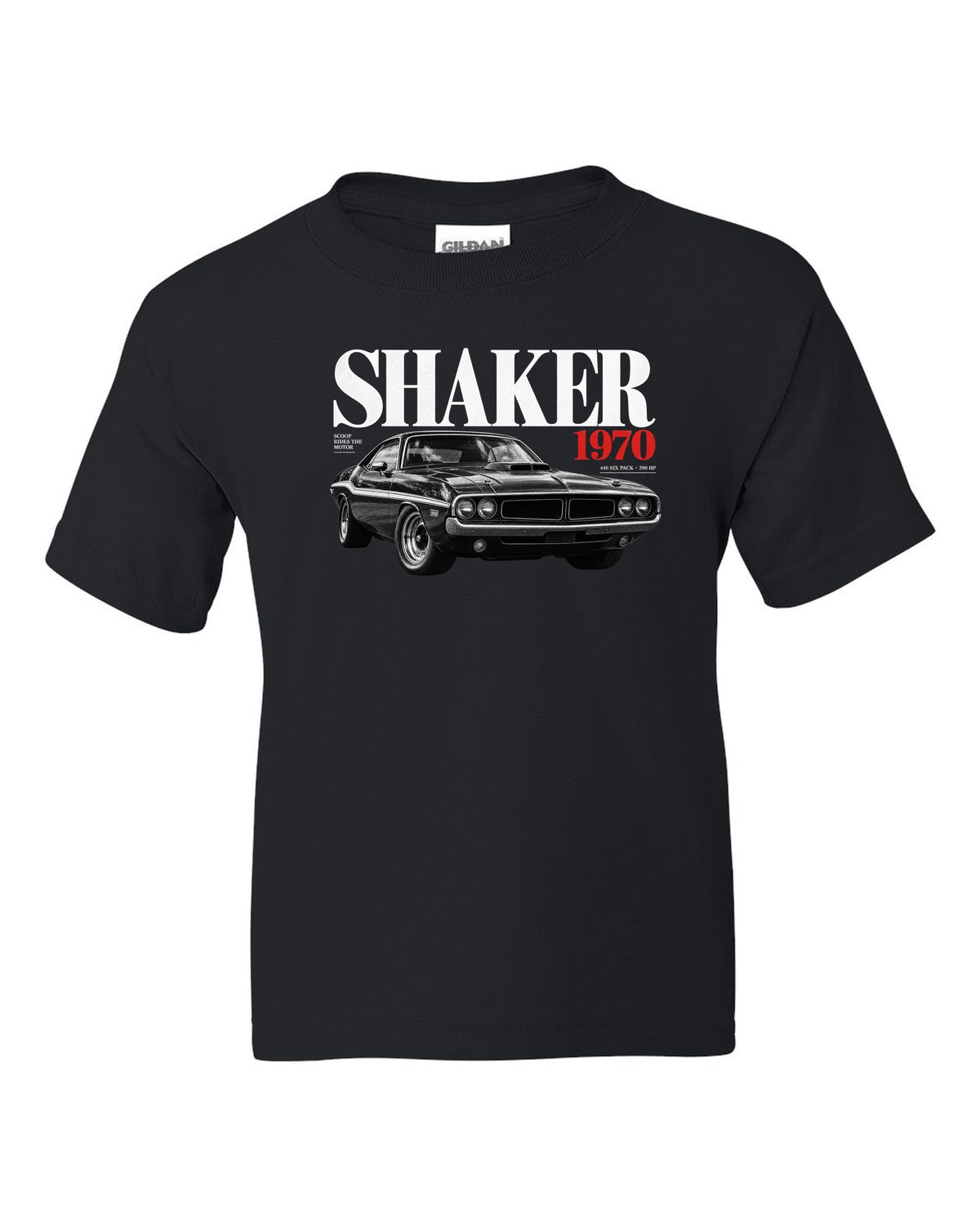 Editorial headline print of a 1970 Dodge Challenger R/T Shaker with 440 Six Pack text black kids tee front view with the design