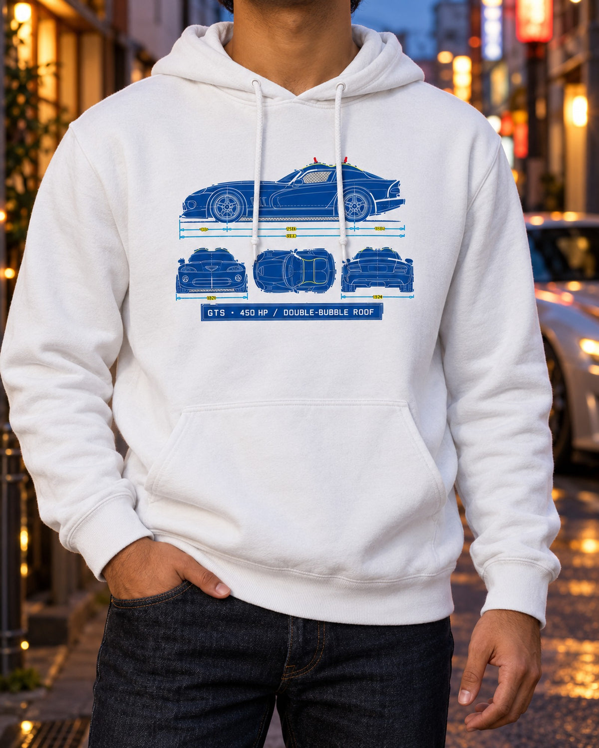 1996 Dodge Viper GTS SR II Cyanotype Blueprint Shirt Pull Over Hoodie White worn hero