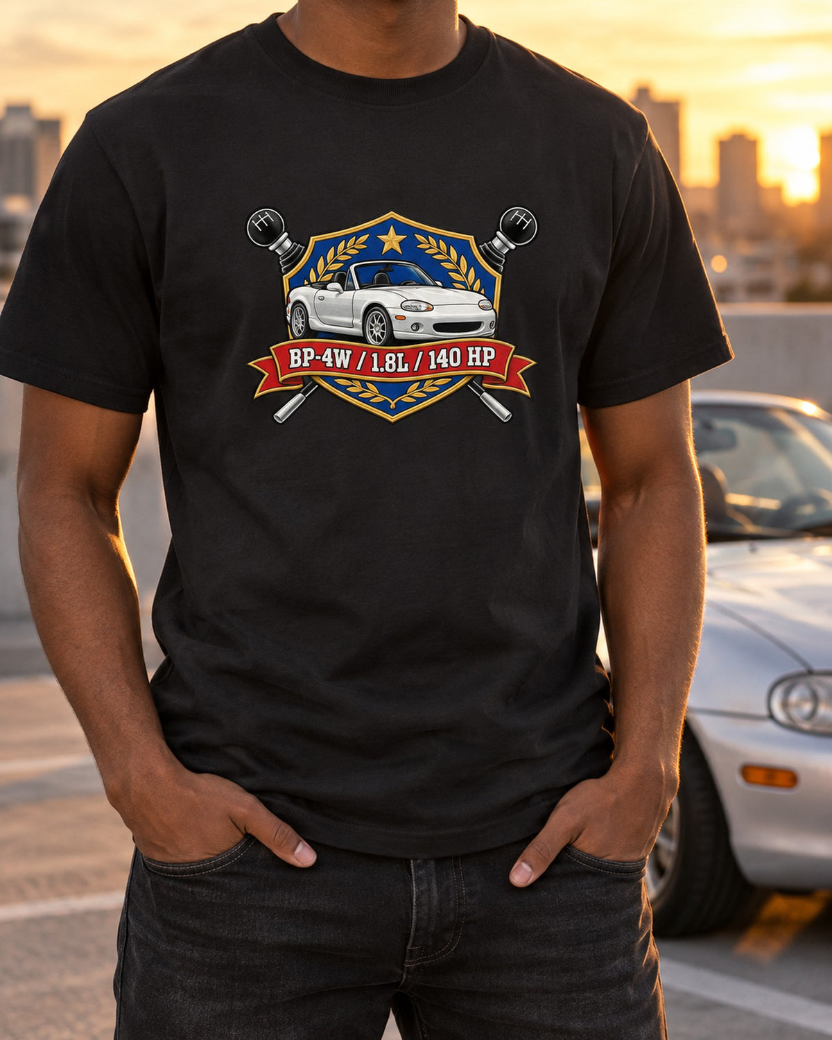 Mazda MX-5 NB BP-4W 1.8L Varsity Crest Shirt, Car Guy Gift T-Shirt Black worn hero