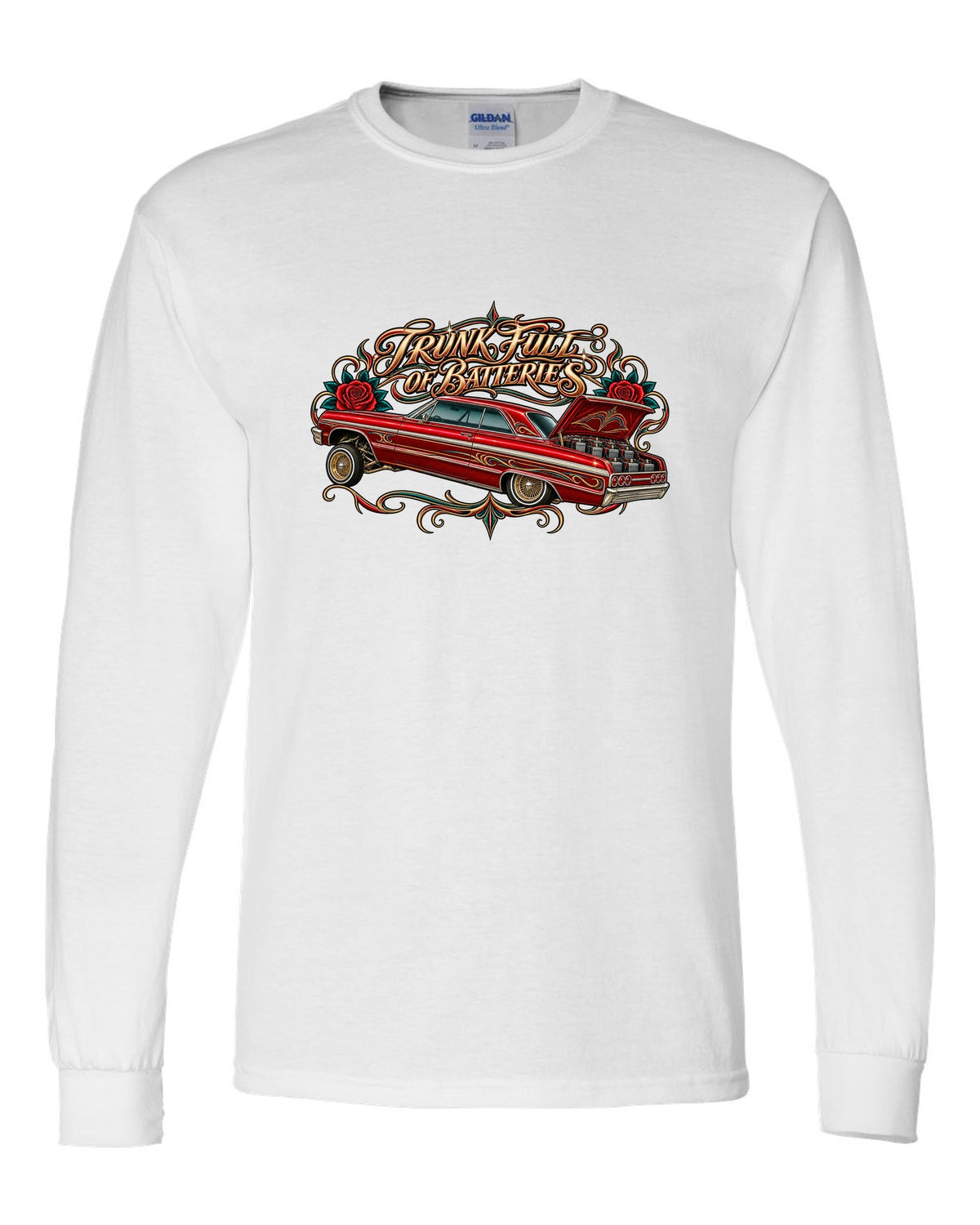 Lowrider airbrush flash illustration of a 1964 Chevrolet Impala SS with pinstripe scrolls and roses white long sleeve front view with the design