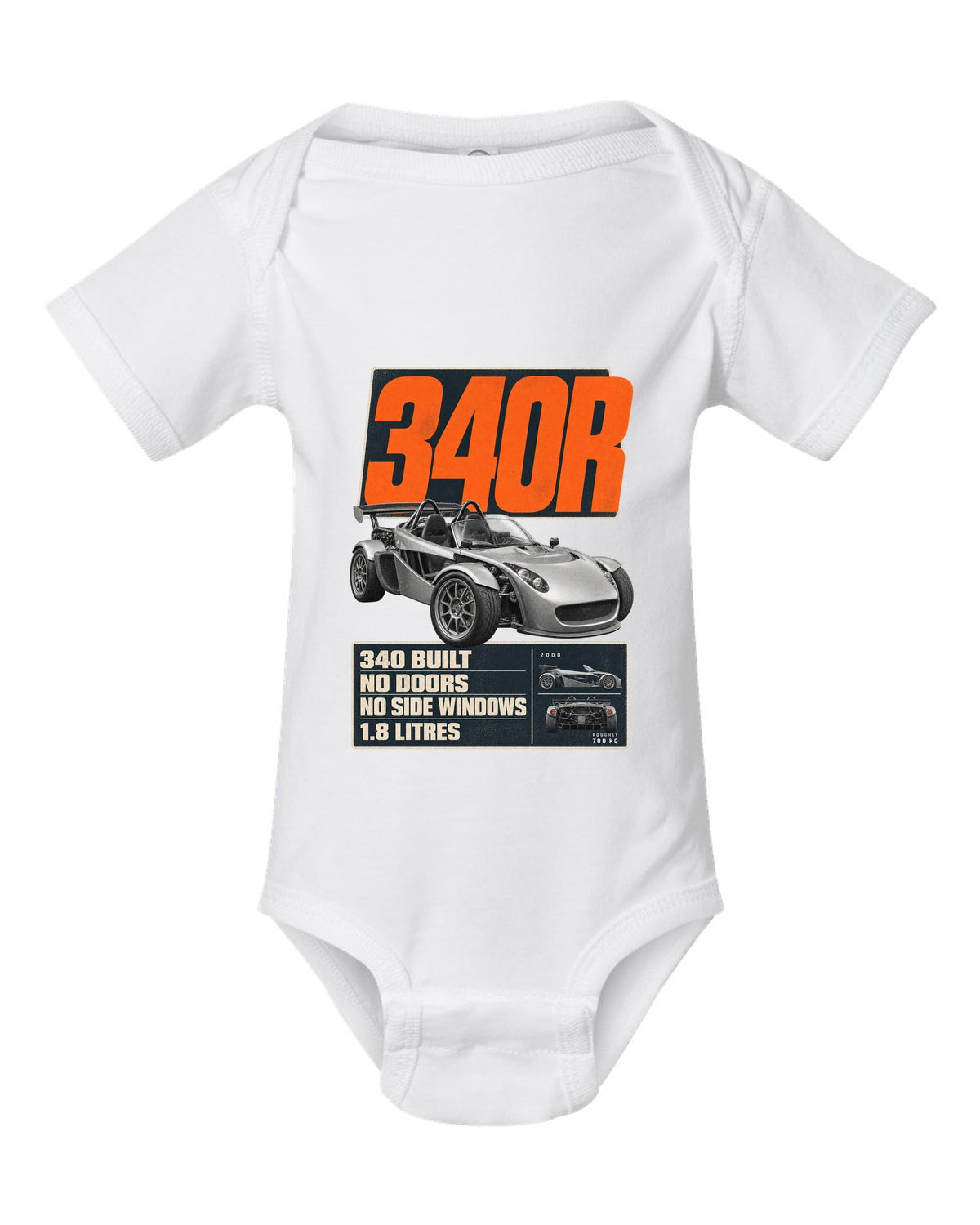 Lotus Elise 340R doorless roadster editorial headline print design white baby onesie front view with the design