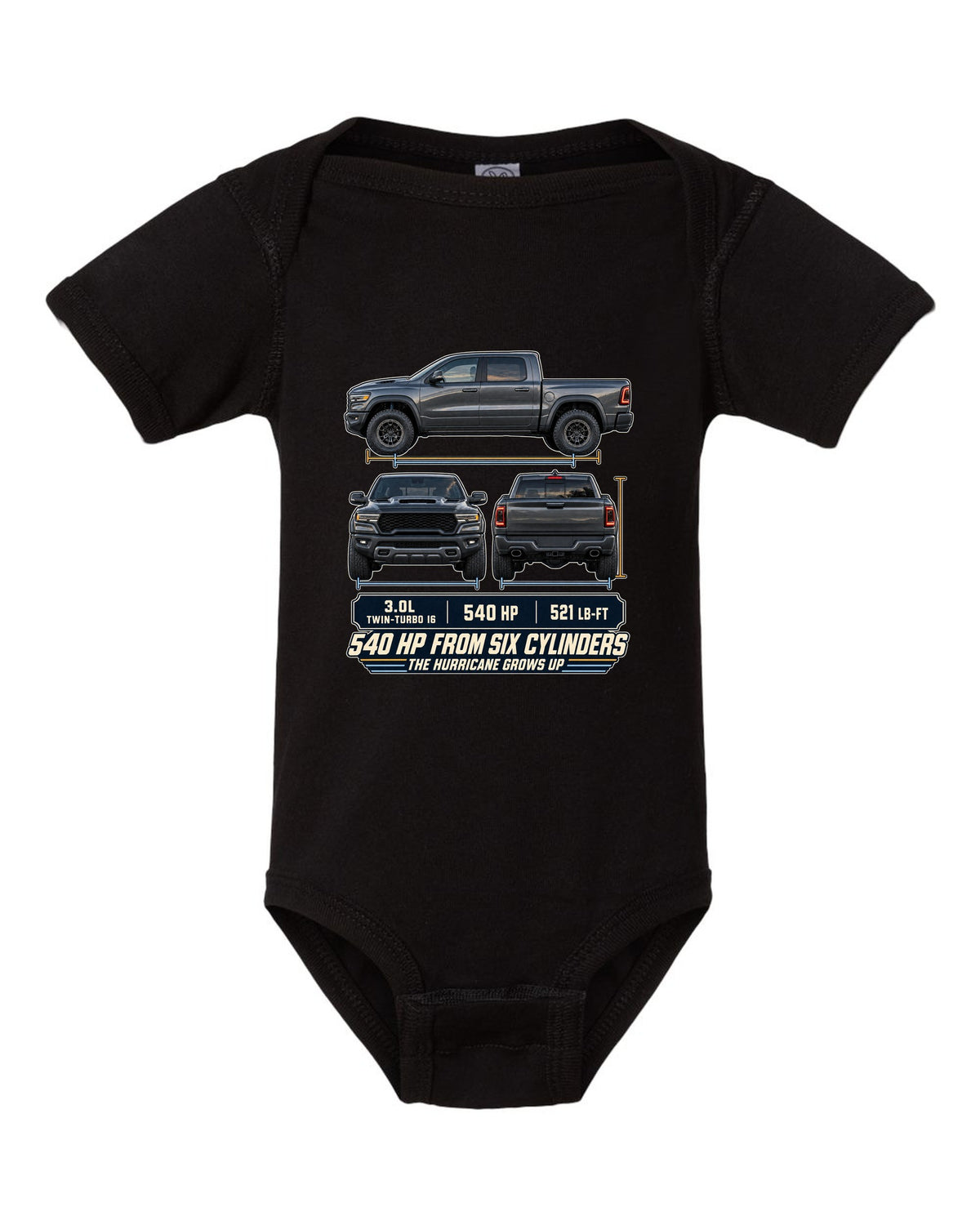 Ram 1500 RHO 2025 three-view drawing with spec table print black baby onesie front view with the design
