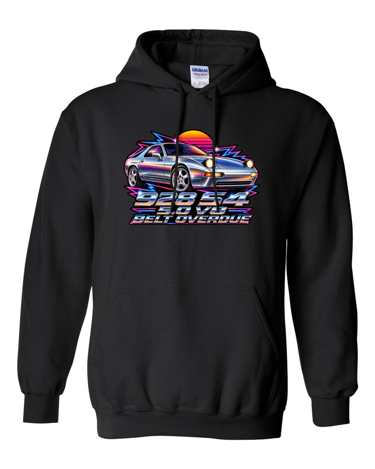 Porsche 928 S4 80s airbrush chrome design with pop-up headlights black pull over hoodie front view with the design