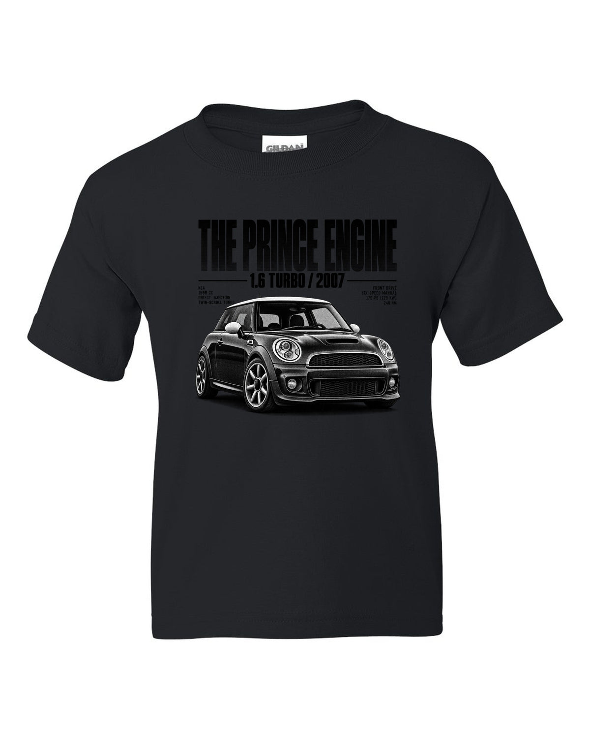 Halftone print of a Mini Cooper S R56 front three-quarter low angle with Prince engine text black kids tee front view with the design