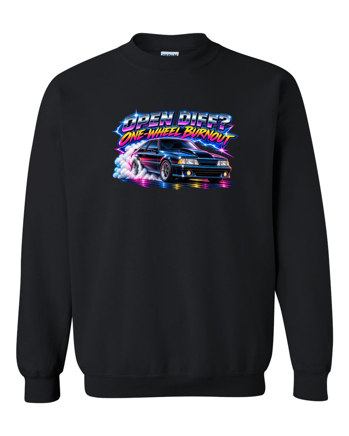 80s airbrush chrome print of a Ford Mustang Fox Body GT chback with a one-wheel burnout black crewneck front view with the design