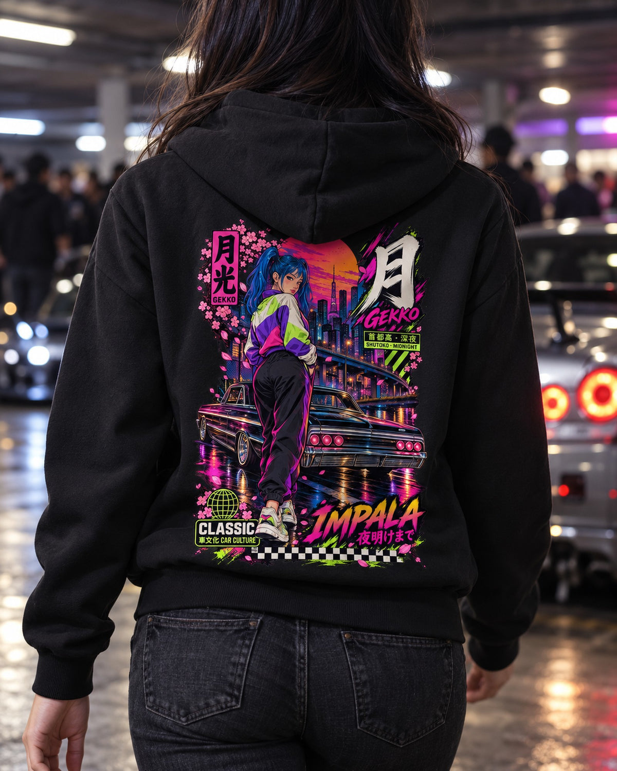 GEKKO IMPALA Anime Girl Full-Back Graphic Tee Zip Hoodie Black worn hero