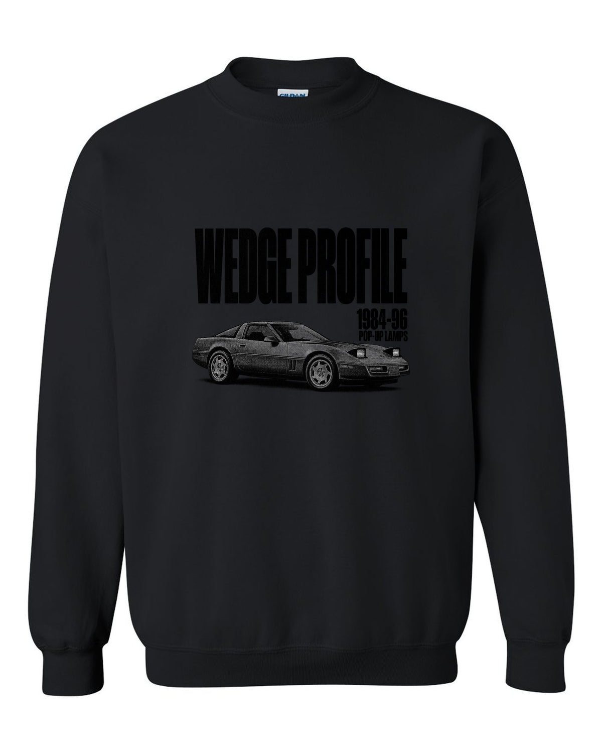 Chevrolet Corvette C4 1989 coupe wedge profile halftone print black crewneck front view with the design