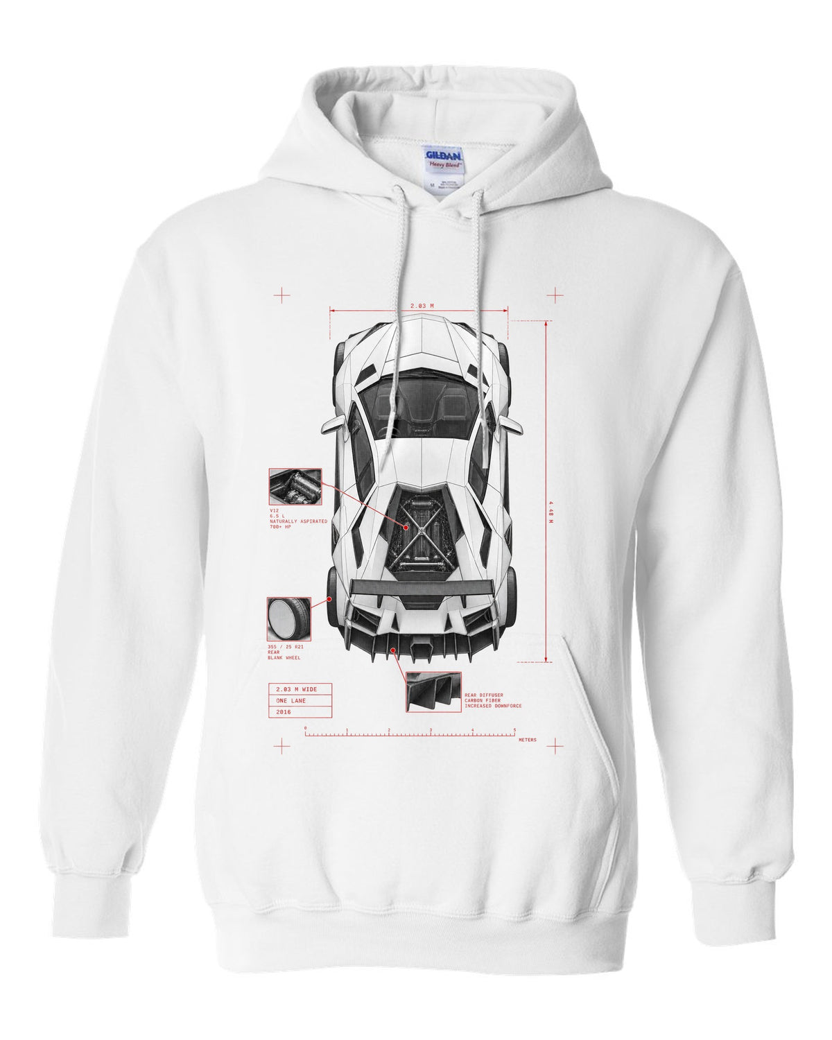 Lamborghini Aventador S LP740-4 spec poster print reading 2.03 M wide, one lane, 2016 white pull over hoodie front view with the design