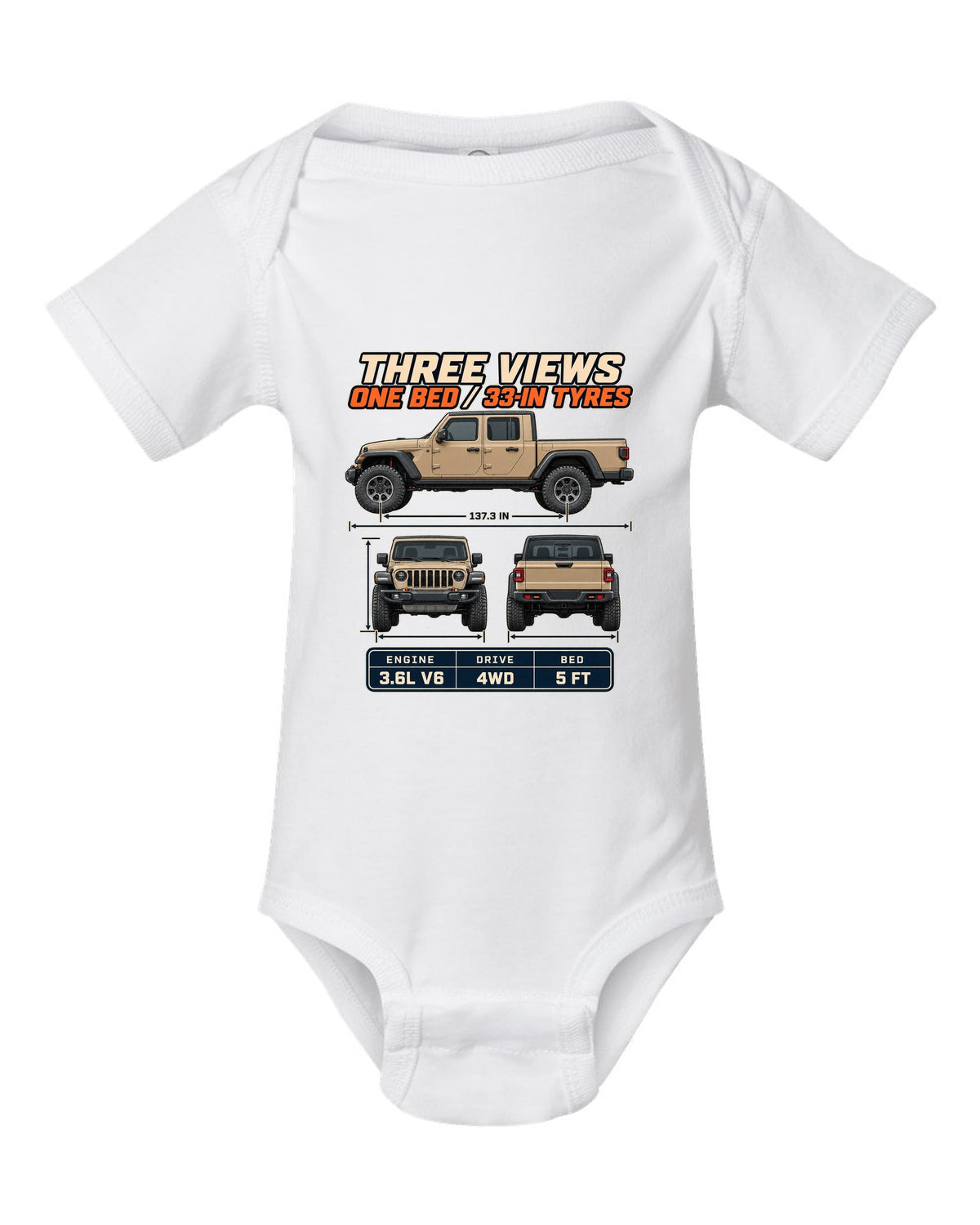 Three-view drawing with spec table print of the Jeep Gladiator Mojave white baby onesie front view with the design