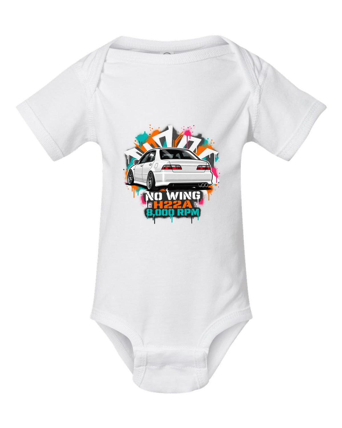 Stencil spray street art print of a Honda Accord Euro R CL1 with no wing H22A 8,000 RPM text white baby onesie front view with the design