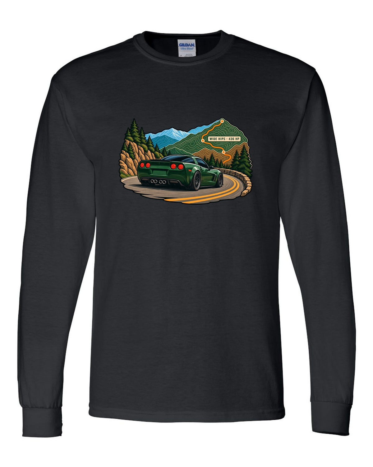 Topographic contour map print of a 2010 Chevrolet Corvette C6 Grand Sport with Wide Hips 436 HP text black long sleeve front view with the design