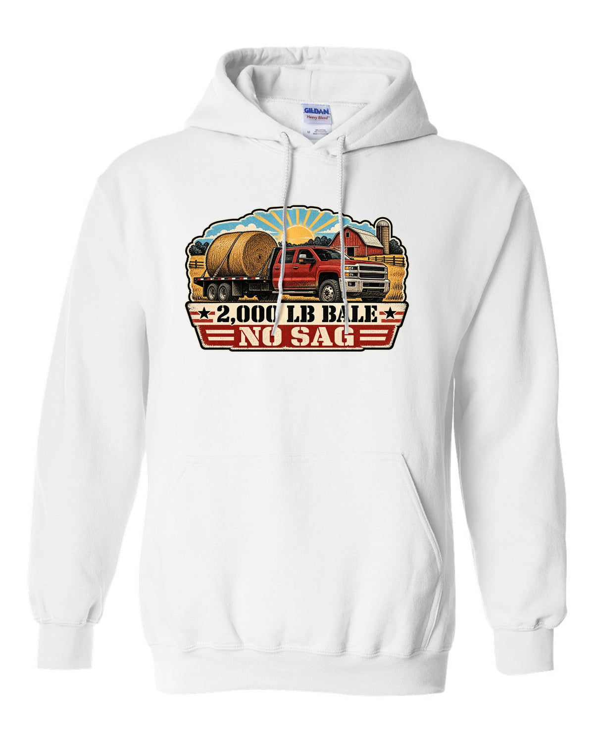Distressed screen-print print of a 2010-2018 Ram 3500 6.7 Cummins hauling a round bale white pull over hoodie front view with the design
