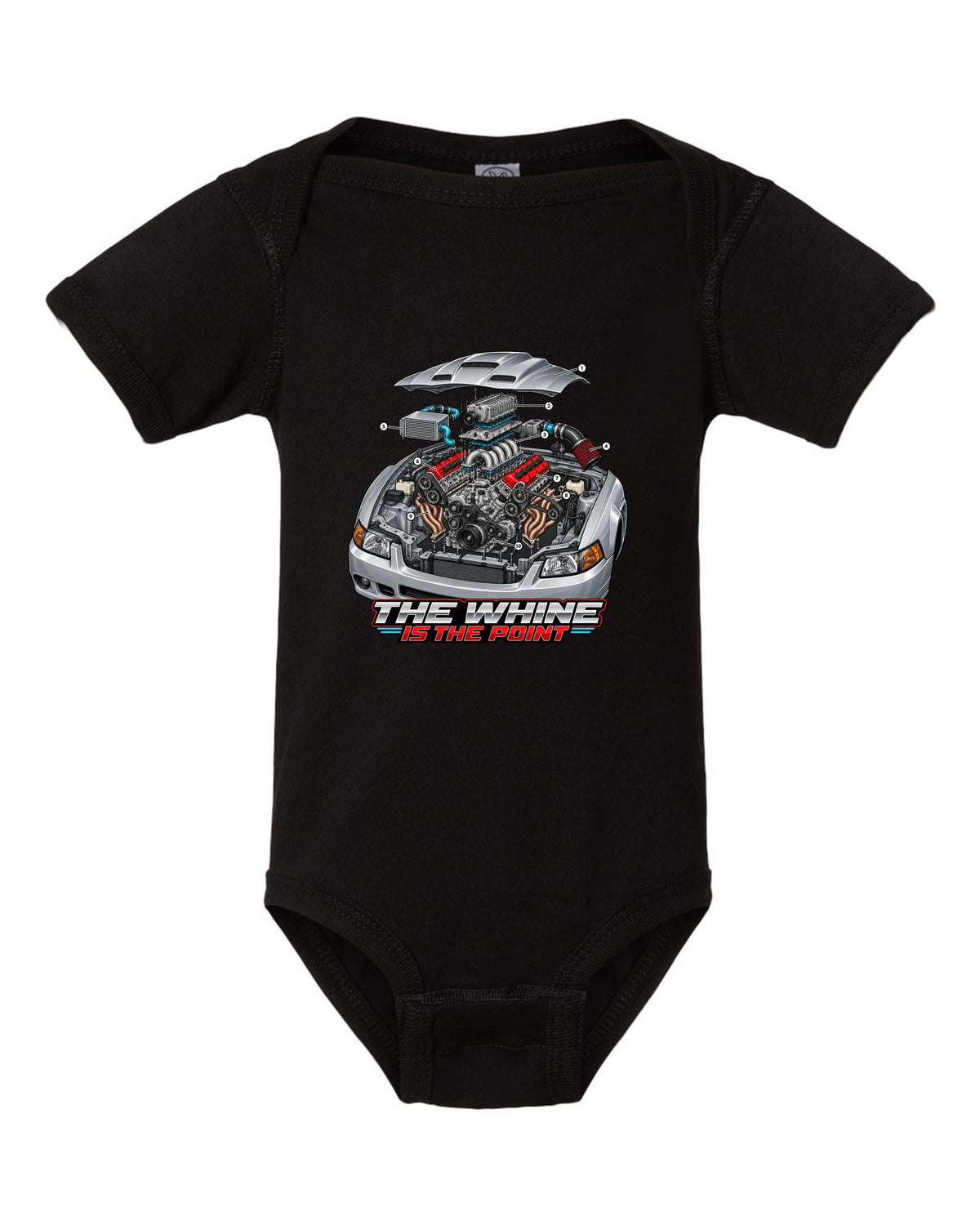 Exploded engine cutaway print of a supercharged Ford Mustang SN95 Terminator-spec black baby onesie front view with the design