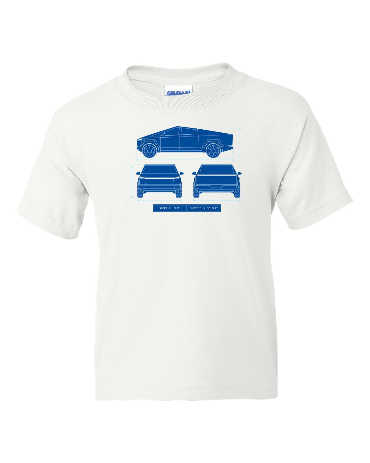 Technical blueprint line art of a 2023 Tesla Cybertruck with Sheet 1 Flat and Sheet 2 Also Flat lettering white kids tee front view with the design